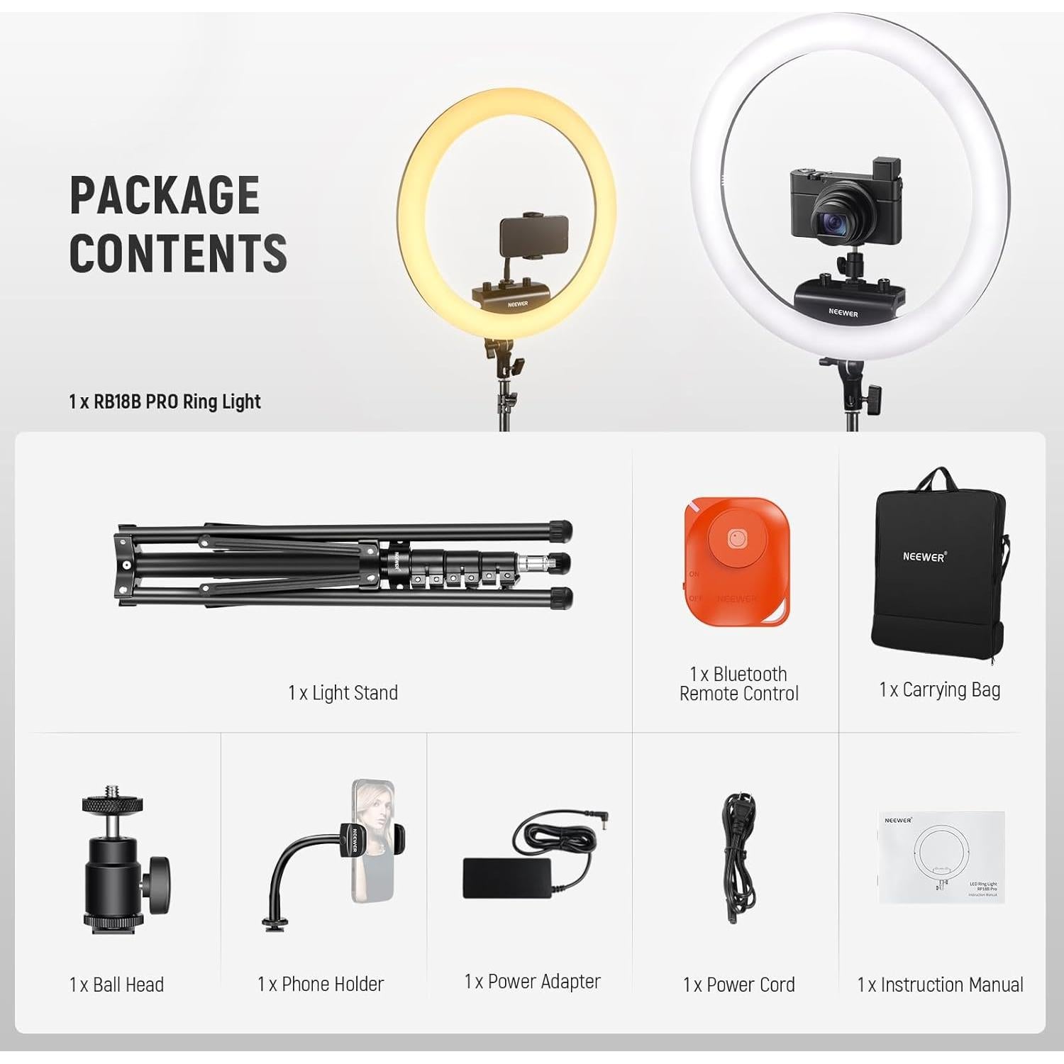 NEEWER Professional 18 Inch Ring Light with Tripod Stand Phone Holder Compatible with iPhone, 45W Remote Shutter App Control, Video Recording Makeup Selfie Studio Streaming Filming, RP18B Pro Black