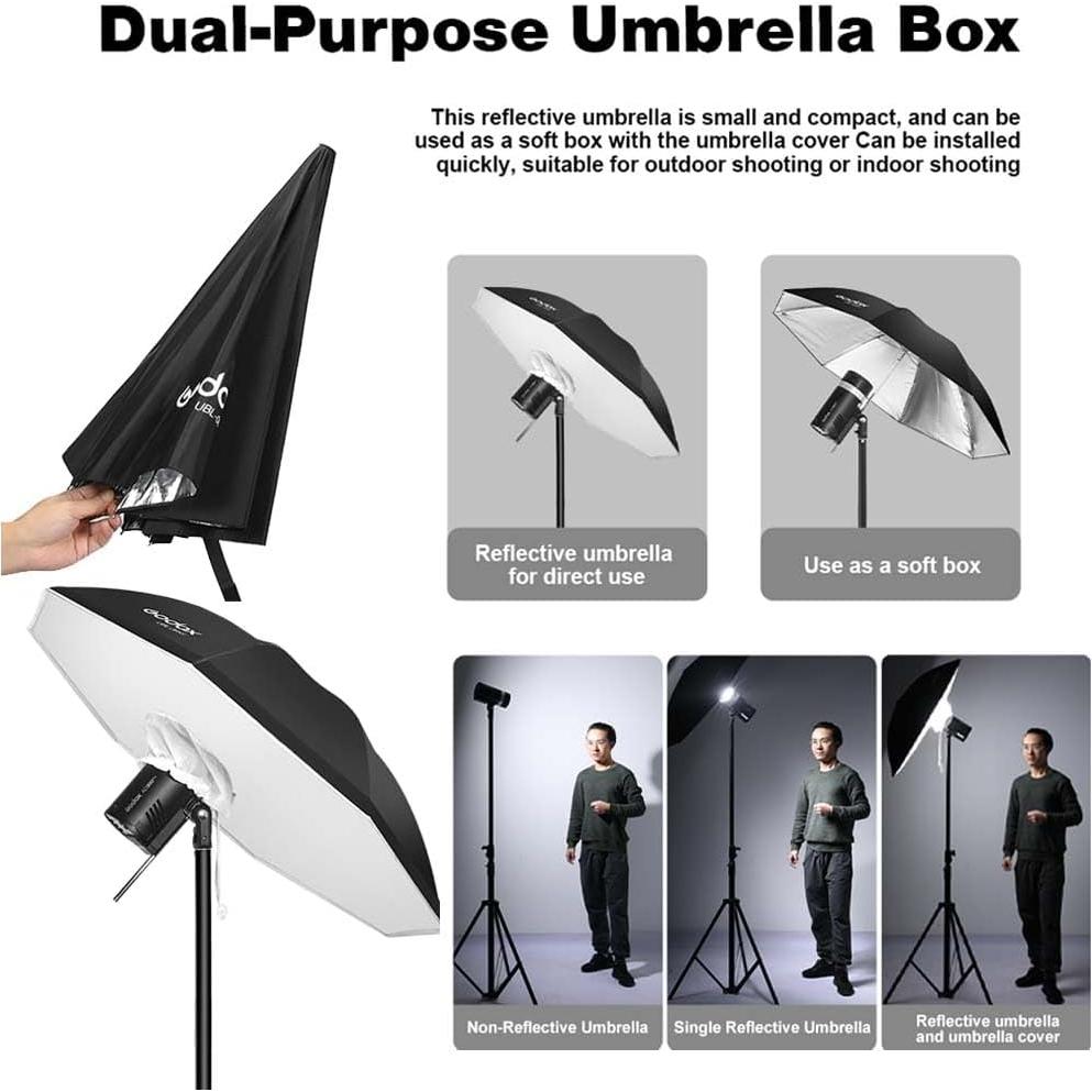 Godox UBL-85S 85cm 33.4” Black Silver Reflective Umbrella Photography Studio Soft Light Umbrella with Large Diffuser Cover for Video Shooting