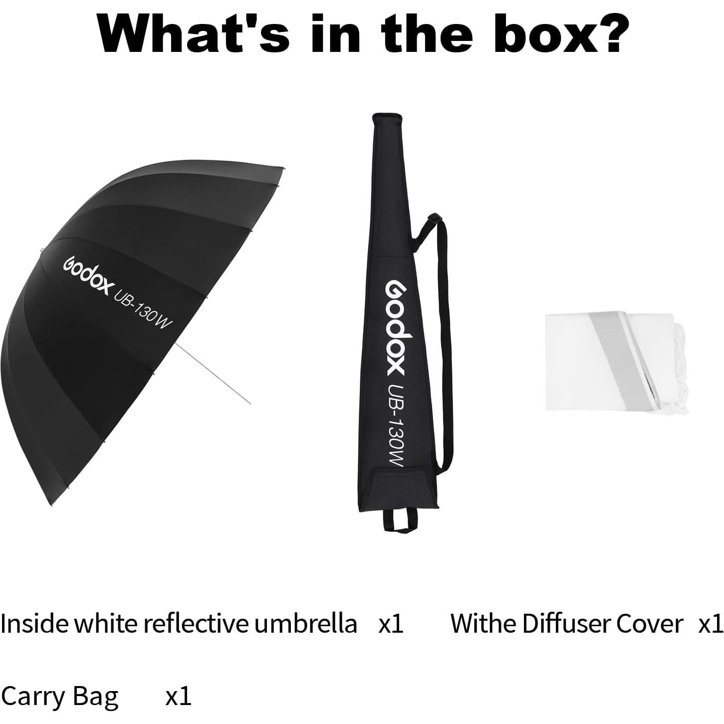 Godox UB-130W 51.2" 130cm Deep Parabolic Reflective Umbrella White Inner Photography Studio Soft Light Withe Umbrella with Diffuser Cover for Video Studio Shooting Speedlite Flash (130White)