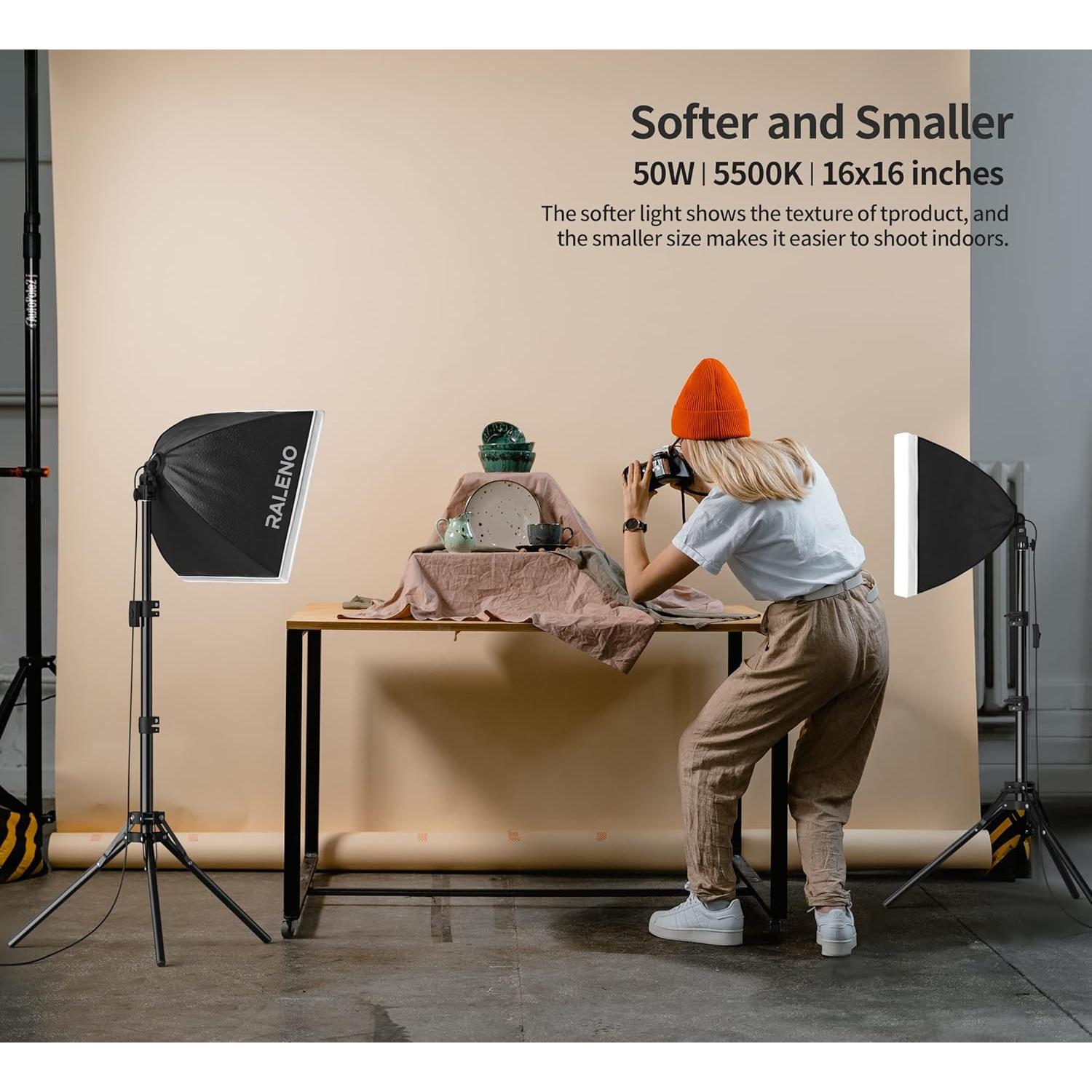 RALENO Softbox Lighting Kit, 2 x 16'' x 16'' Photography Studio Equipments with 50W / 5500K / 95 CRI LED Bulbs, Continuous Lighting System for Video Recording and Photography Shooting Model：PS080