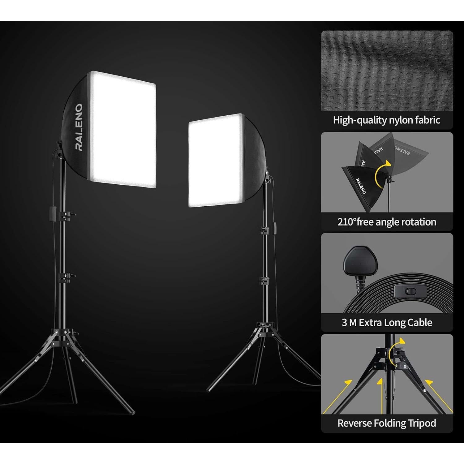 RALENO Softbox Lighting Kit, 2 x 16'' x 16'' Photography Studio Equipments with 50W / 5500K / 95 CRI LED Bulbs, Continuous Lighting System for Video Recording and Photography Shooting Model：PS080