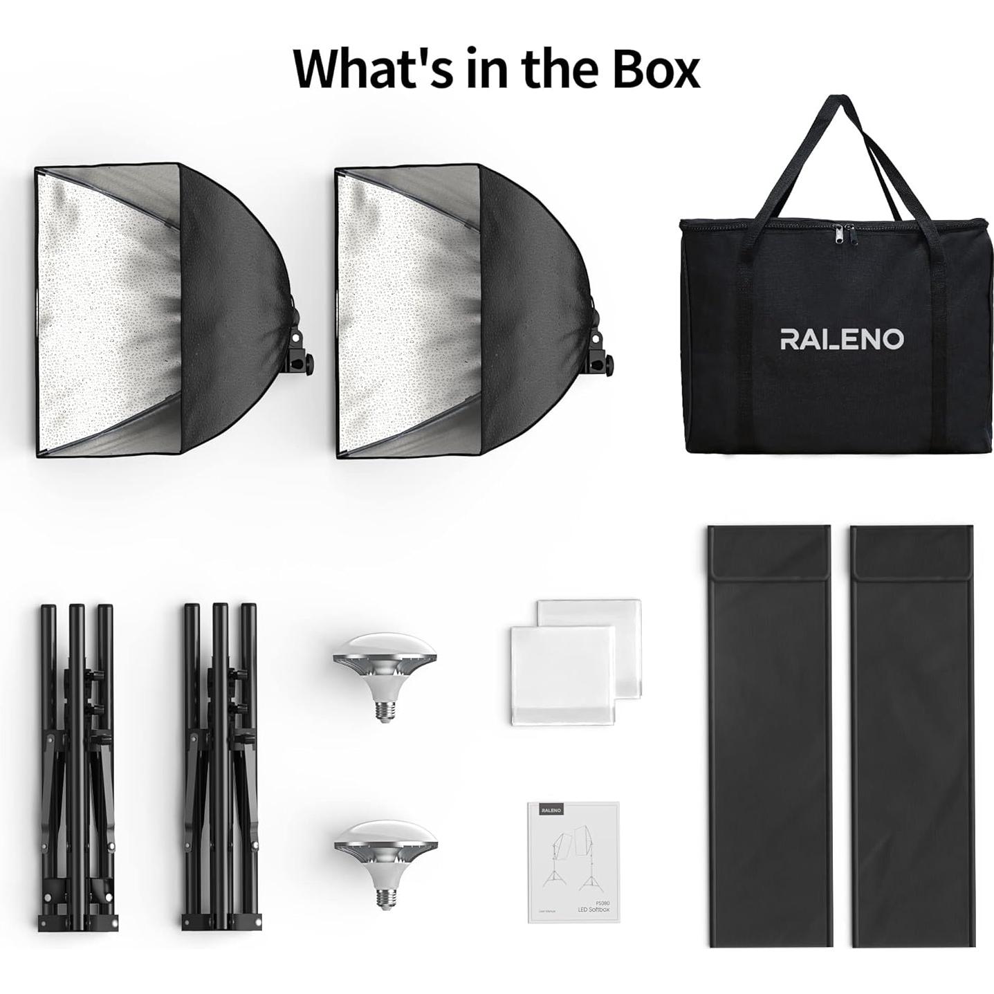 RALENO Softbox Lighting Kit, 2 x 16'' x 16'' Photography Studio Equipments with 50W / 5500K / 95 CRI LED Bulbs, Continuous Lighting System for Video Recording and Photography Shooting Model：PS080