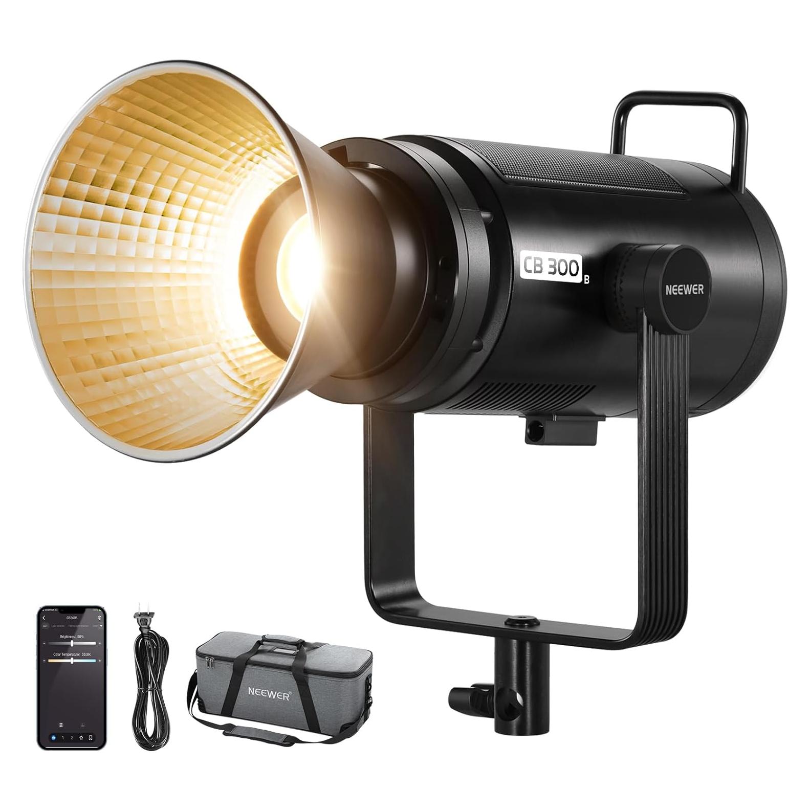 NEEWER CB300B 320W LED Video Light with 2.4G/APP Remote Control, All Metal Bi Color COB Continuous Output Lighting with Bowens Mount 150000lux/1m 2700K-6500K CRI/TLCI97+ 12 Effects for Video Recording