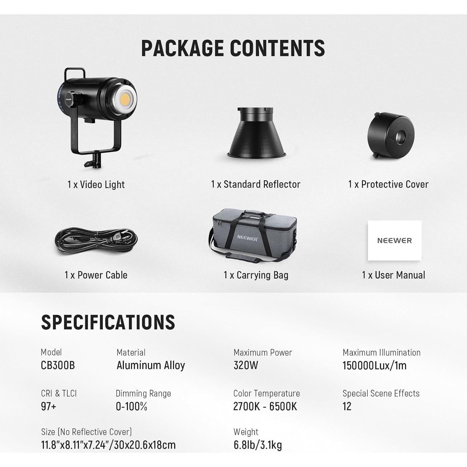 NEEWER CB300B 320W LED Video Light with 2.4G/APP Remote Control, All Metal Bi Color COB Continuous Output Lighting with Bowens Mount 150000lux/1m 2700K-6500K CRI/TLCI97+ 12 Effects for Video Recording