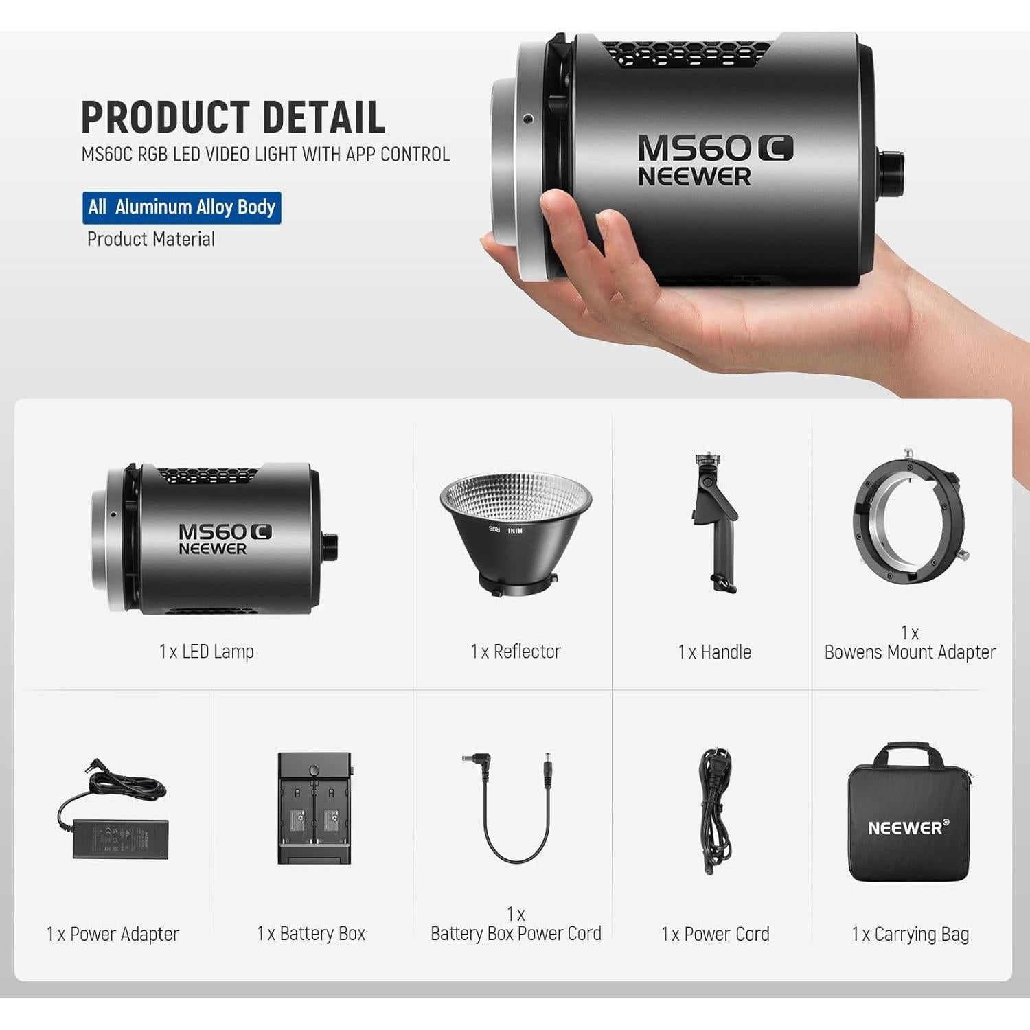 Luz de Video NEEWER MS60C RGBWW 65W 2700K-6500K 8300lux