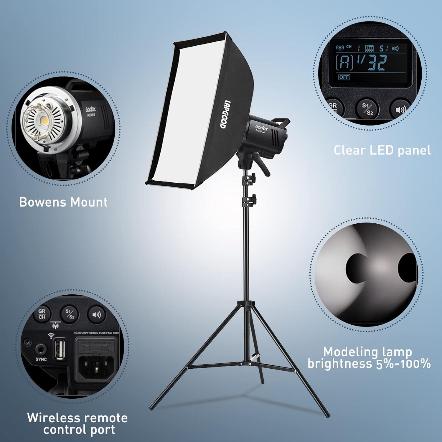 Kit de Flash de Estudio Godox MS300V - 2x 300W, 2 Softboxes, 2 Soportes