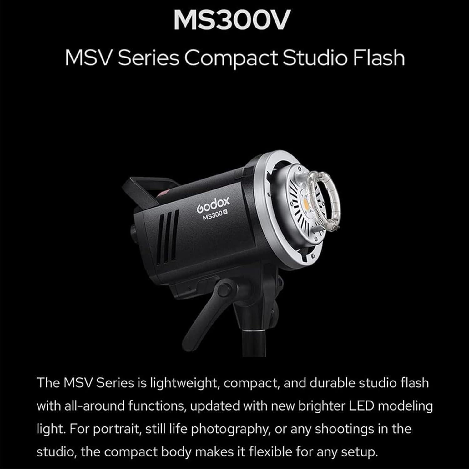 Godox MS300V MS300-V Compact Studio Strobe Flash Light - 300W,GN58 0.1-1.8S Recycle Time,2.4G X System,Bowens Mount LED Modeling Lamp for Photographic Studio Portrait Shooting(MS300 Upgraded Version)