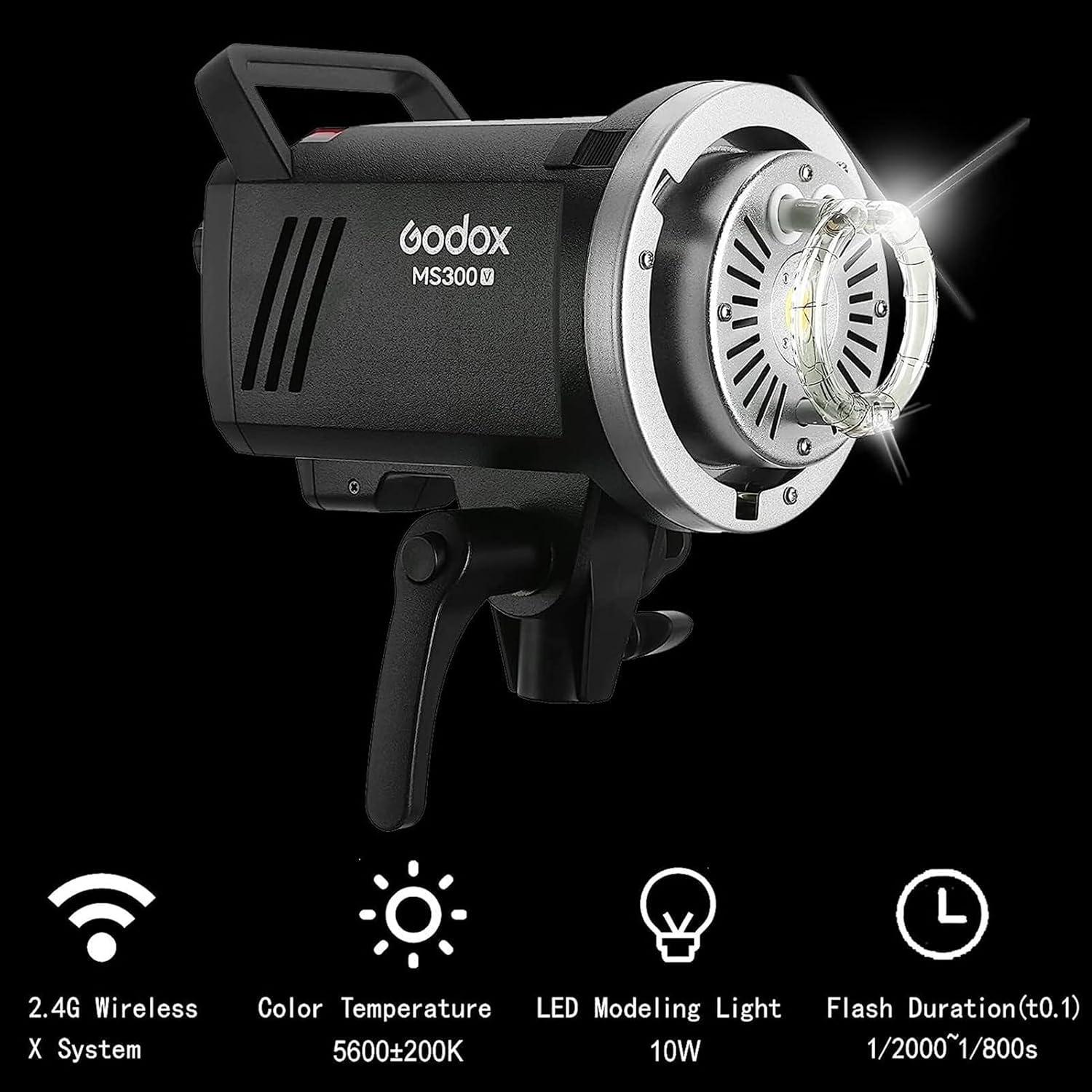 Godox MS300-V Upgraded Studio Flash Light 300Ws Strobe Light GN58 0.1-1.8S Recycle Time 5600±200K 2.4G Wireless X System with 10W LED Modeling Lamp Bowens Mount for Fashion Advertising Photography