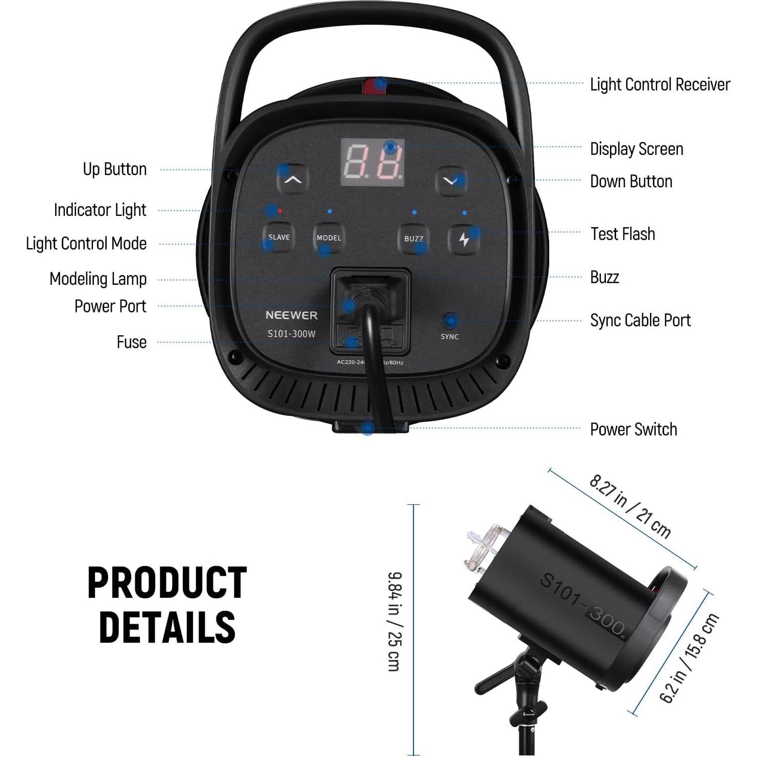 Flash Estroboscópico NEEWER S101-300W 300Ws 5600K para Estudio
