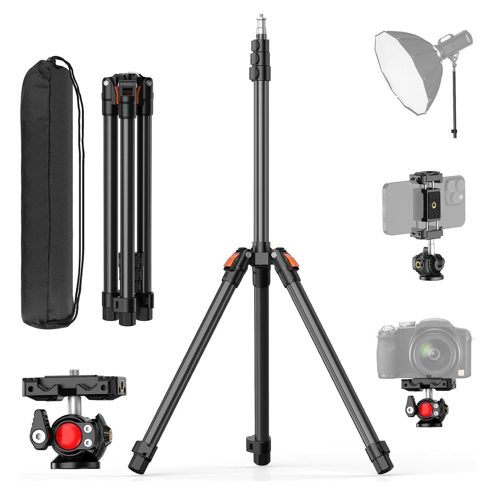 XXZU Photography Light Stand,83in/6.9ft Camera Tripod Stand with Ball Head,Reversible Portable Phone Tripod with Case,Light Stand Tripod for Camera/Phone/Flash/Webcam/Stage/Projector/Softbox