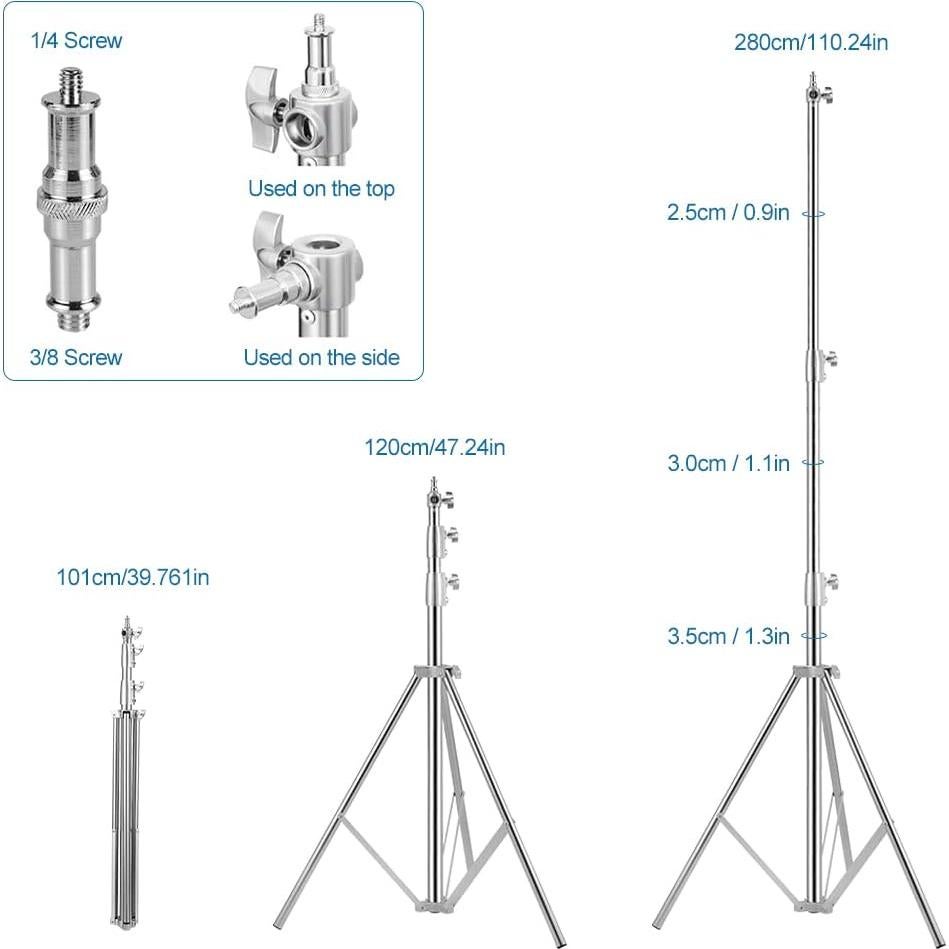 Stainless Steel Heavy Duty Photography Tripod Light Stand, 9.19 Feet/2.8m Studio Lighting Tripod for Speedlight, Strobe Light, Softbox, Umbrella