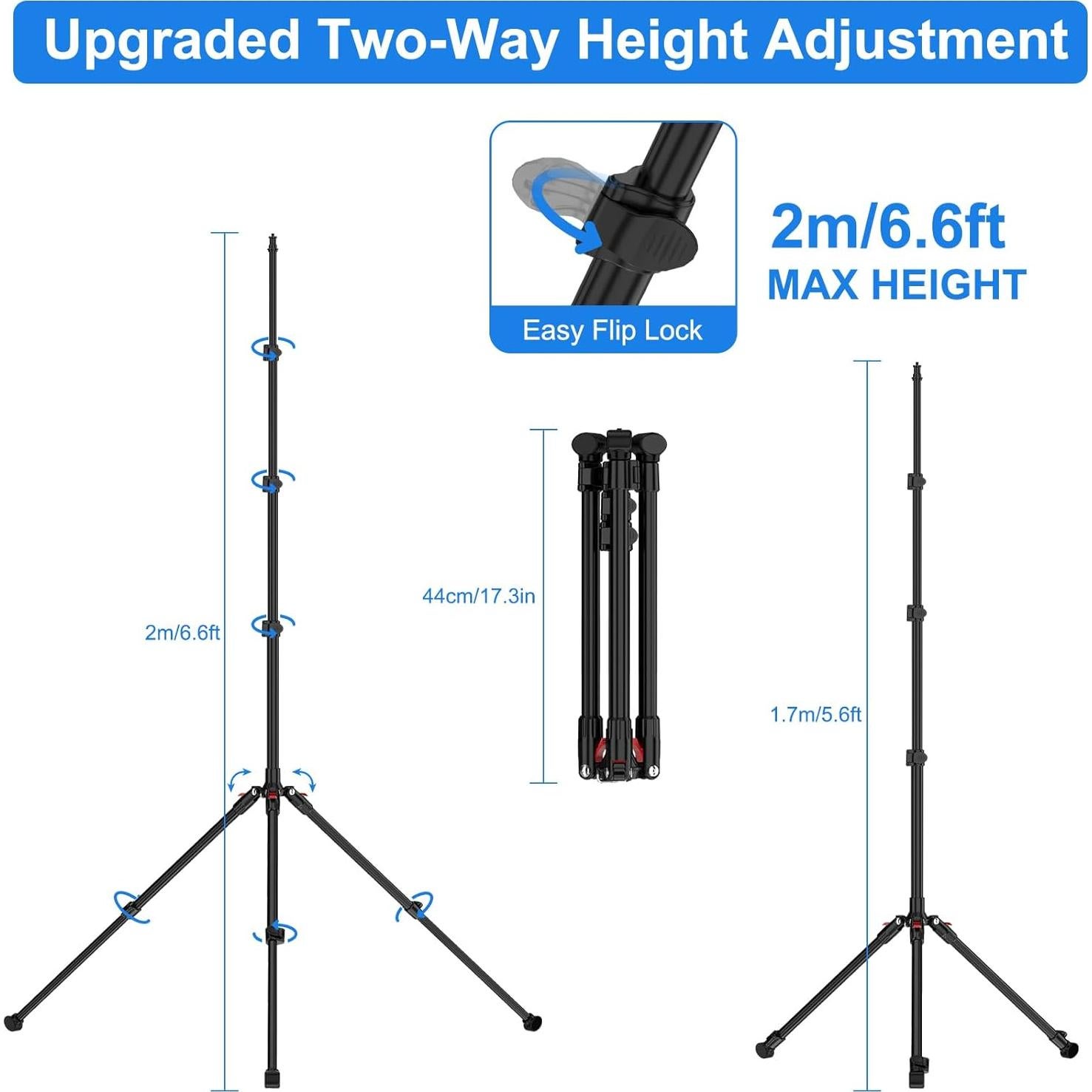Anautin Extendable Light Stand Photography, 6.6ft/2m Light Tripod Stand for Travel, 13lb/6kg Heavy Duty Studio Lighting Stand for Continue Output Lighting, Flash, Strobe, Webcams, Camera, Softbox