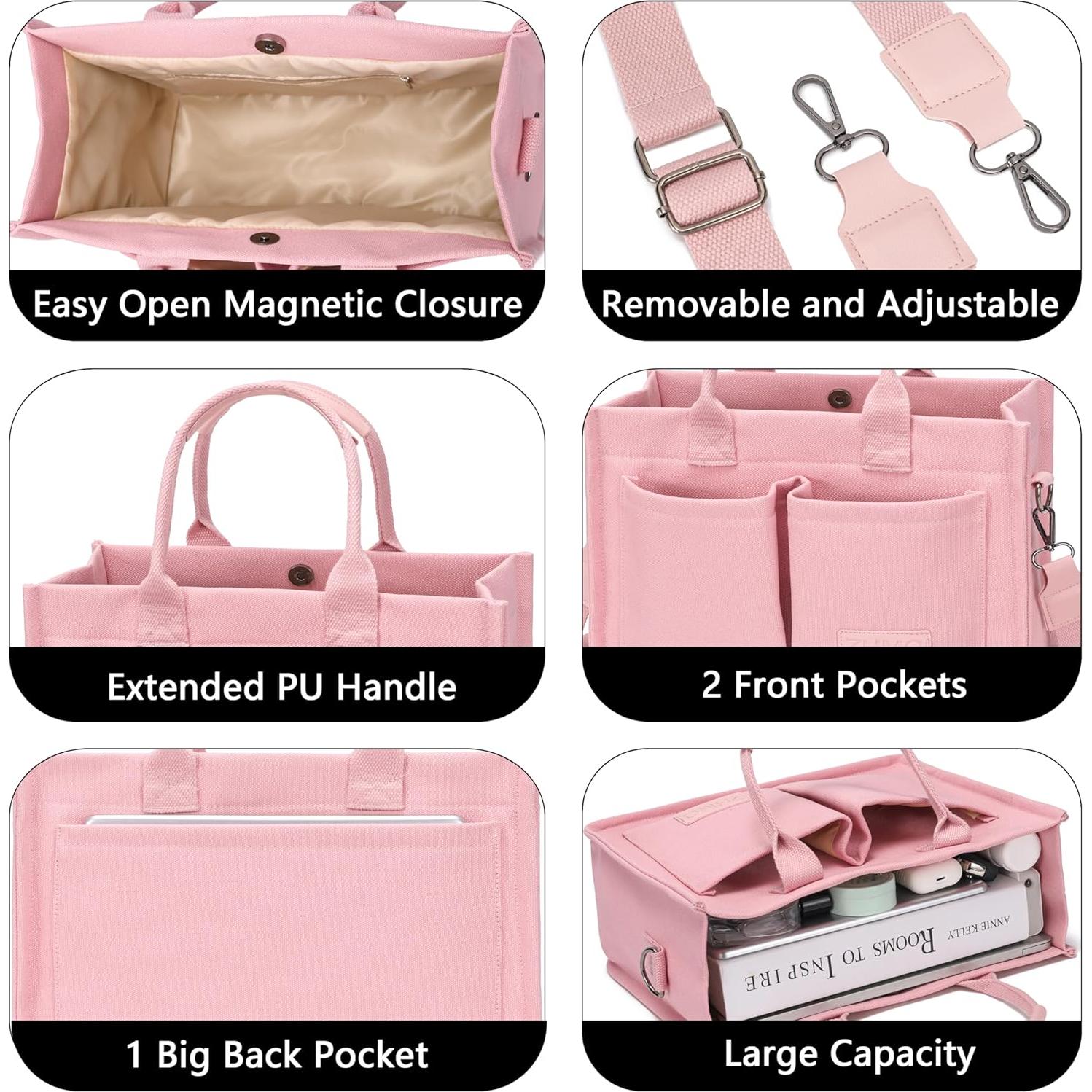 Bolsa Tote de Lona Rosa ZHMO 36x15x27cm Gran Capacidad