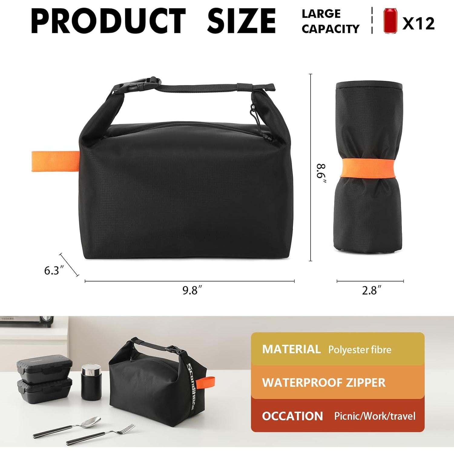 Bolsa de Almuerzo Scandihome Negra, Aislante y Reutilizable 3.72L