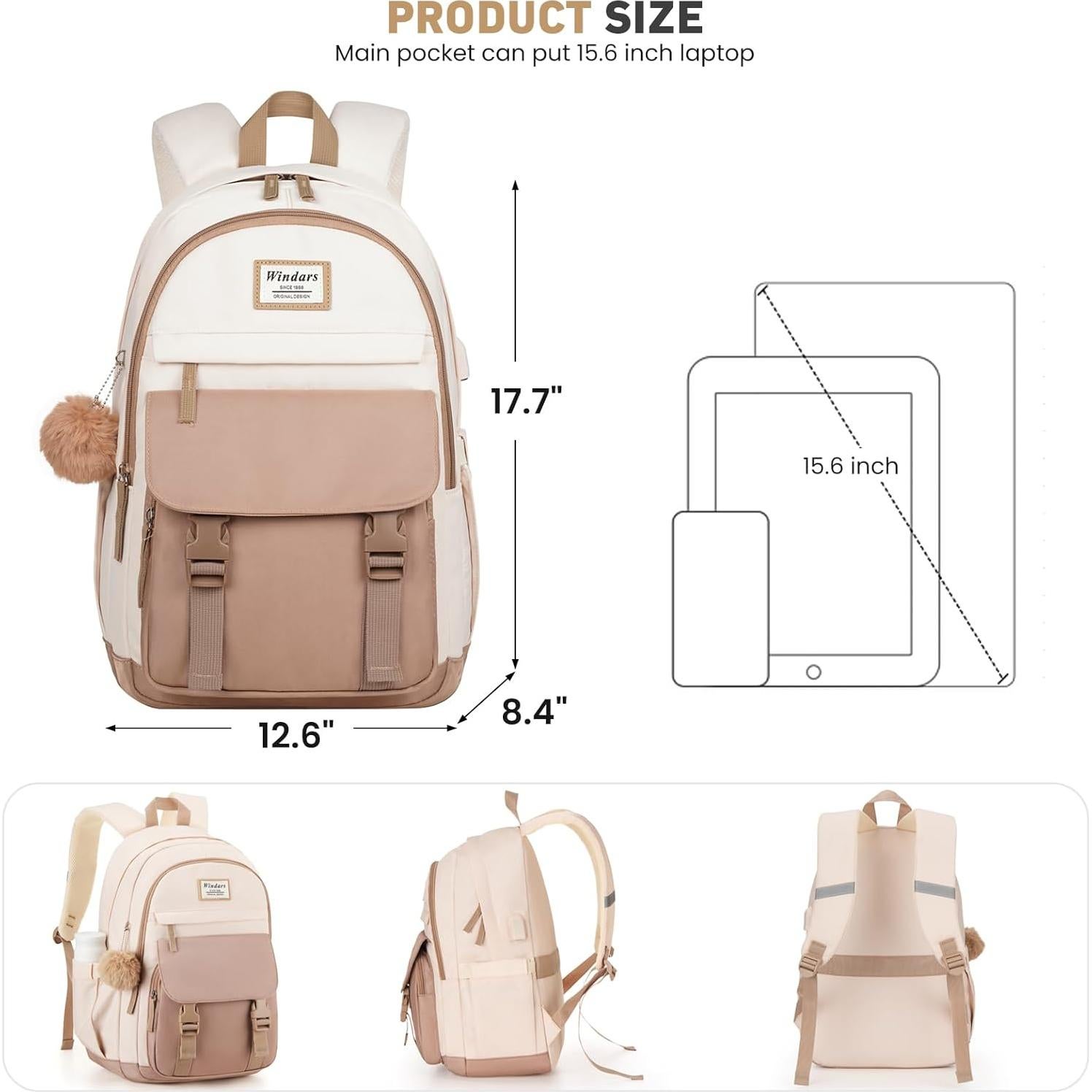 Mochila Escolar Estilo Estético para Laptop 15.6" Beige Caqui