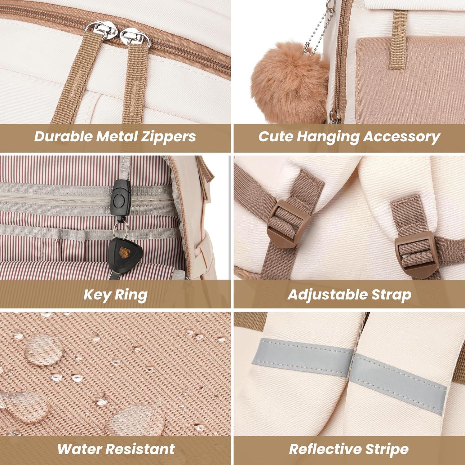 Mochila Escolar Estilo Estético para Laptop 15.6" Beige Caqui