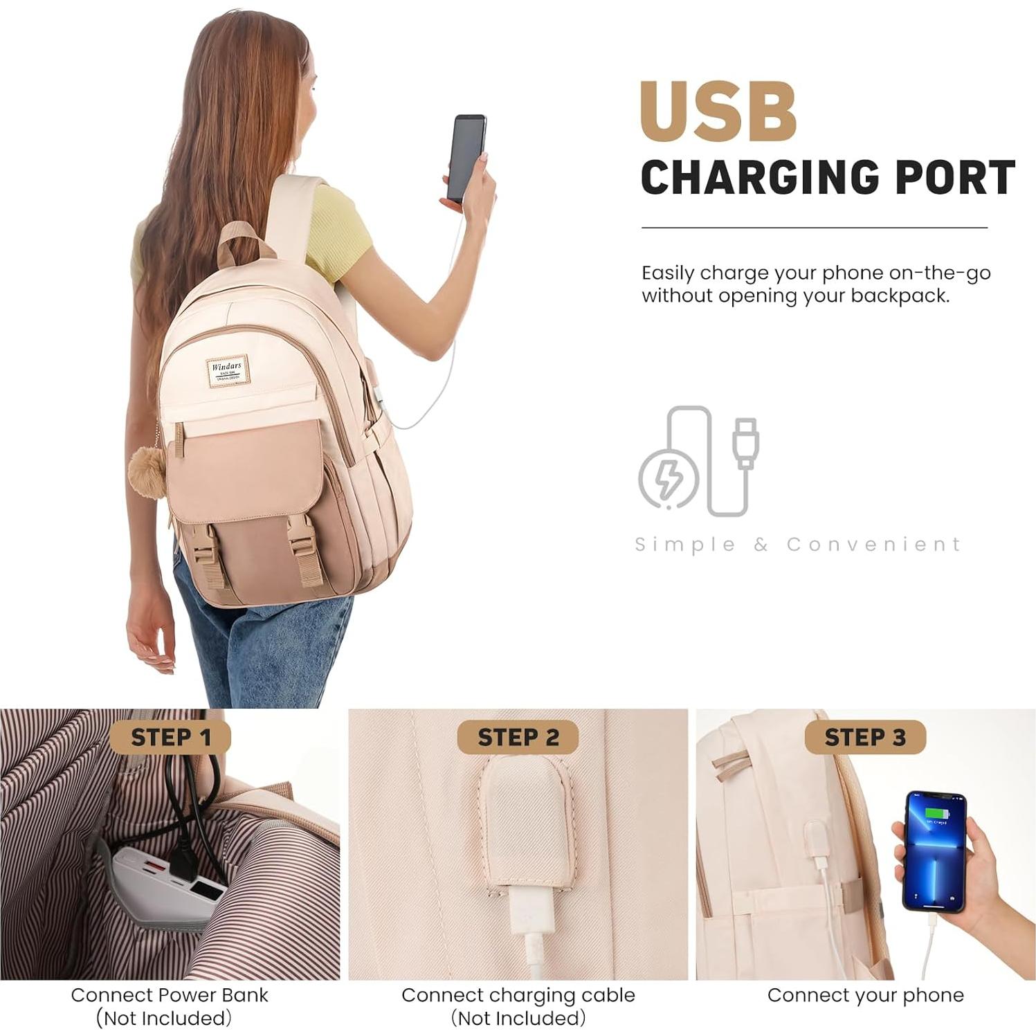 Mochila Escolar Estilo Estético para Laptop 15.6" Beige Caqui