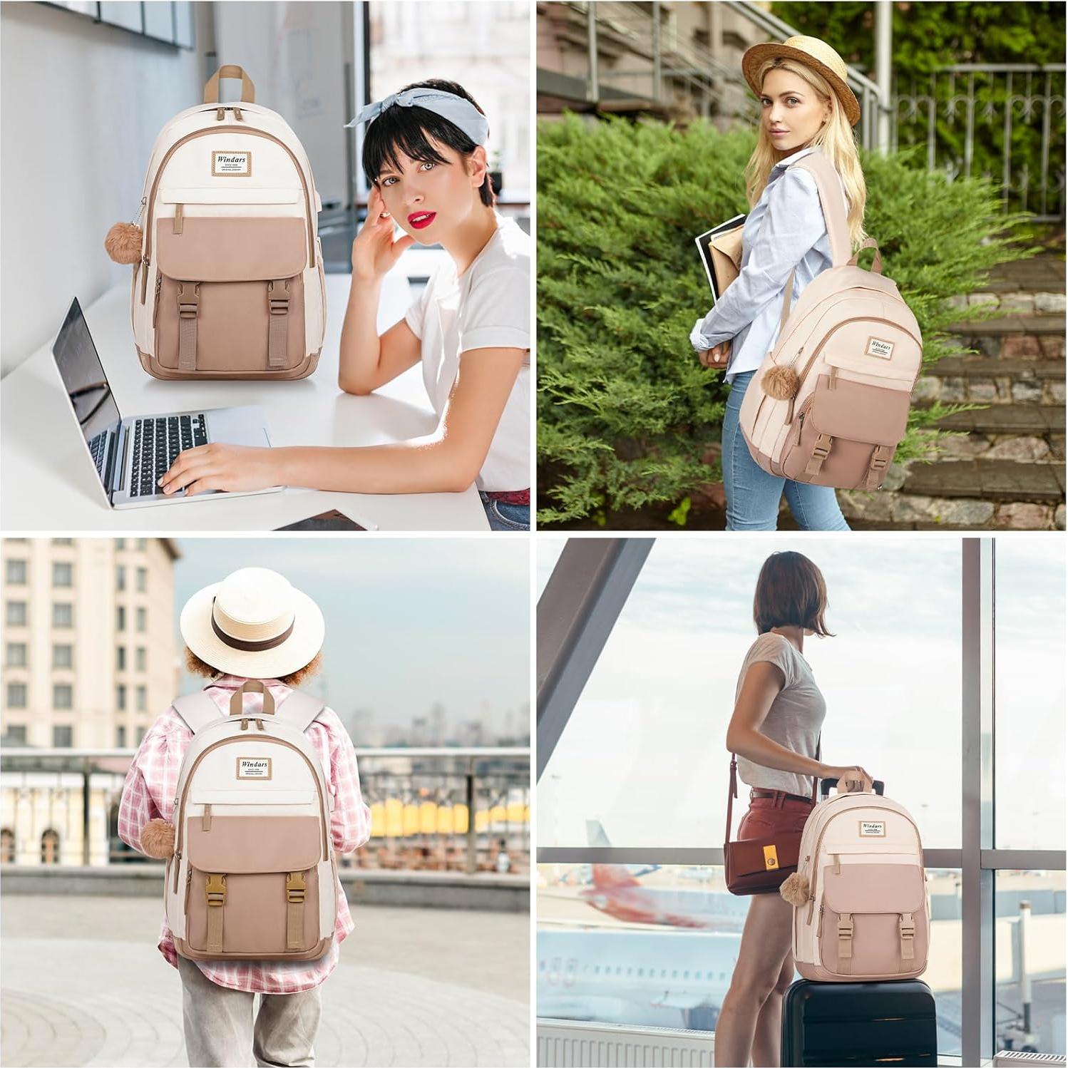 Mochila Escolar Estilo Estético para Laptop 15.6" Beige Caqui