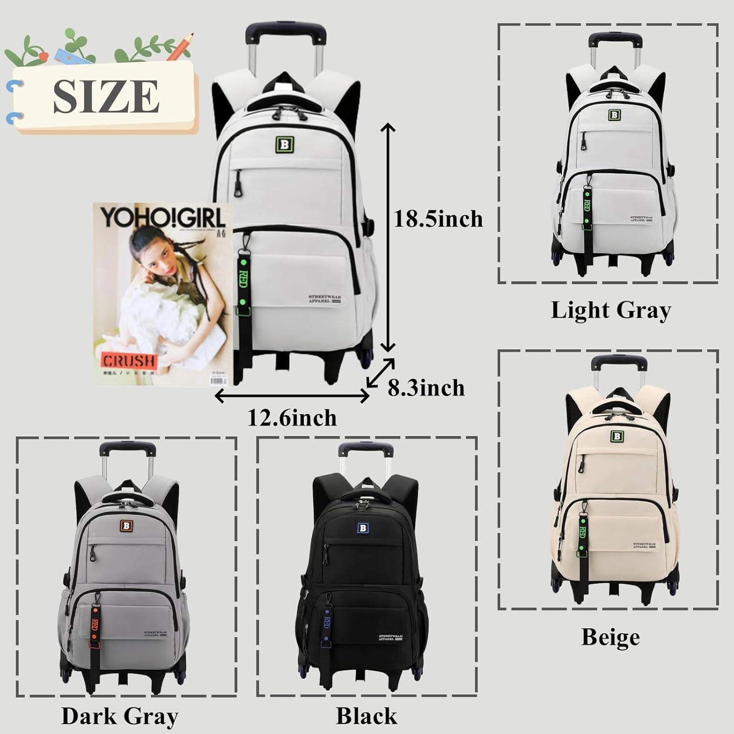 Mochila Rodante Escolar Niños 6 Ruedas 35L Negra