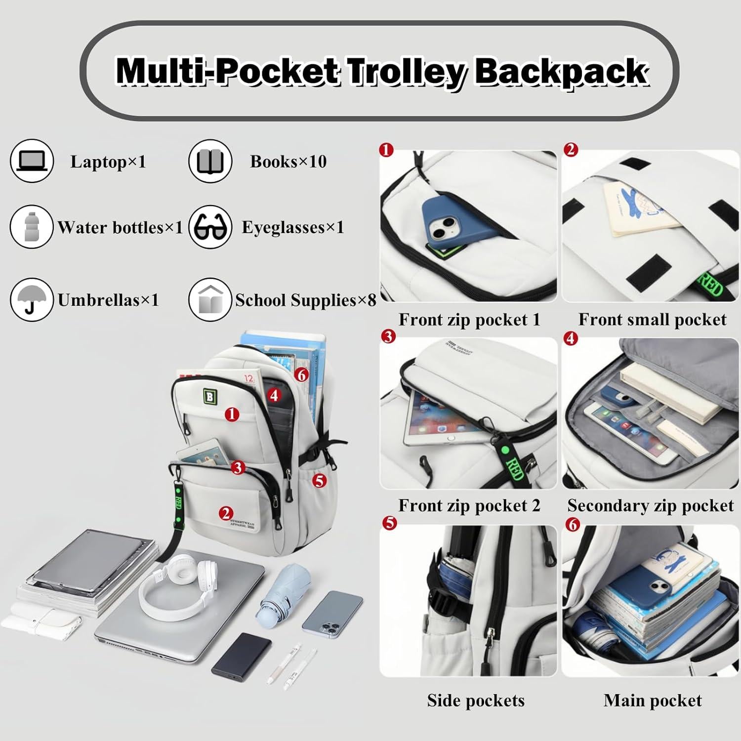 Mochila Rodante Escolar Niños 6 Ruedas 35L Negra