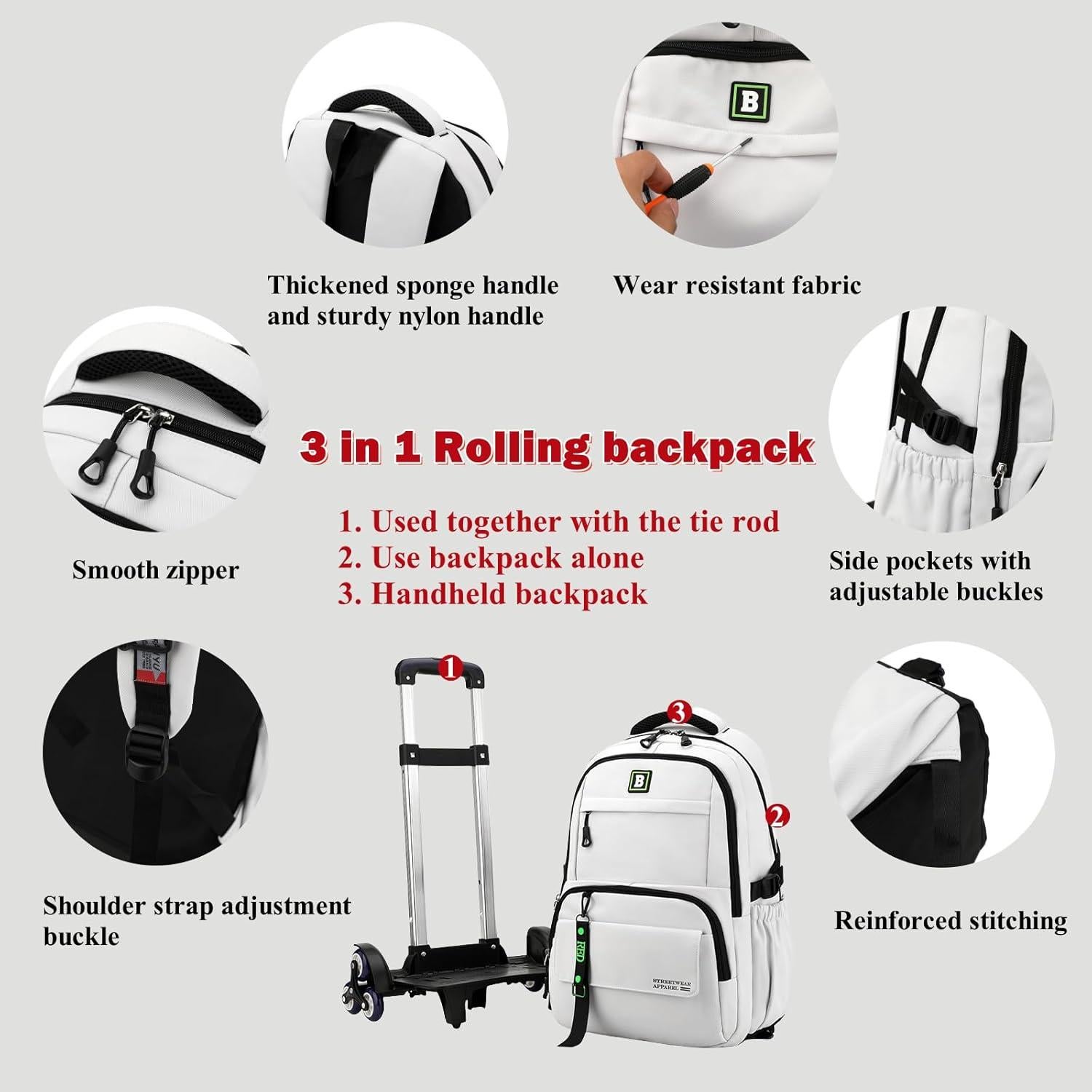 Mochila Rodante Escolar Niños 6 Ruedas 35L Negra