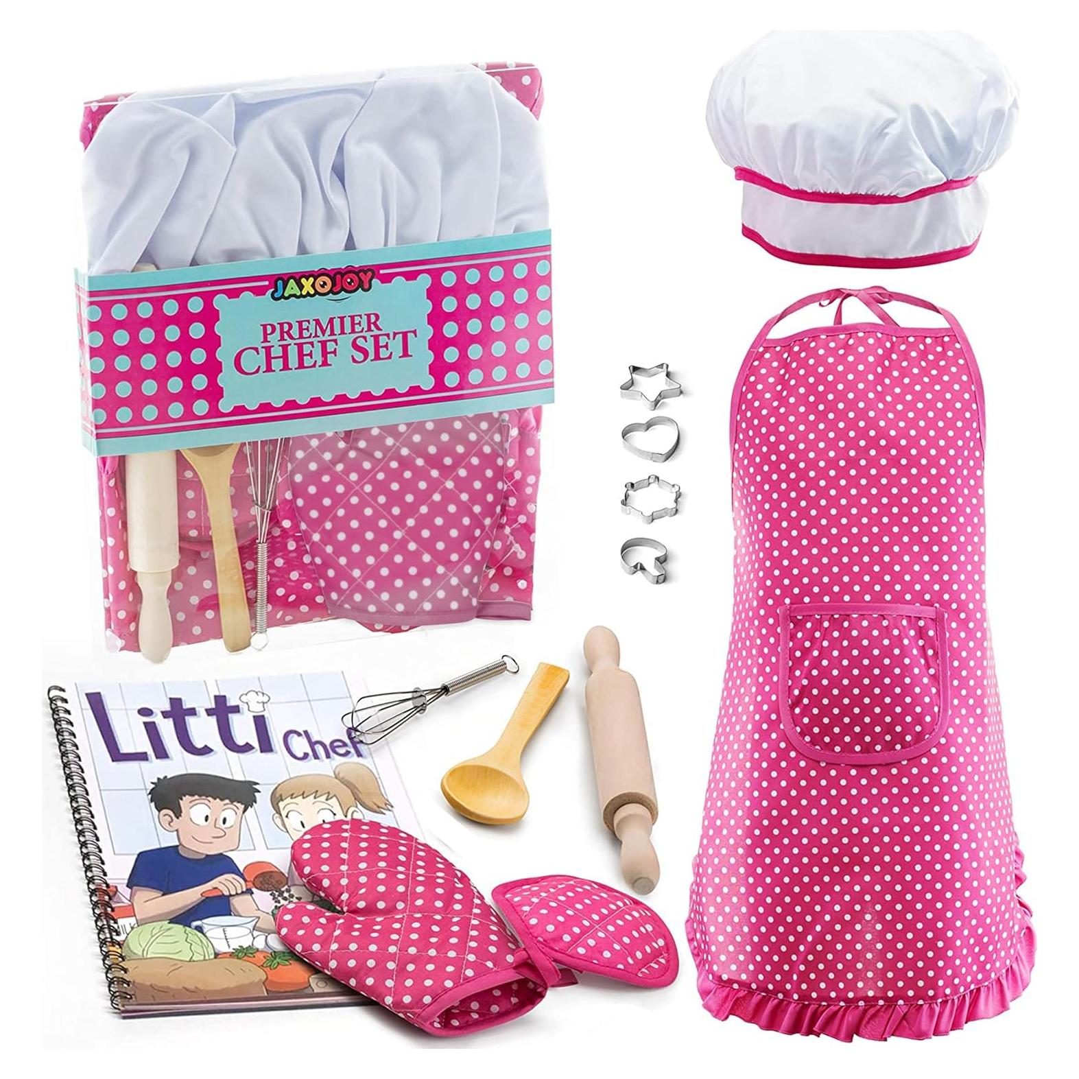 Juego de Chef Jaxojoy para Niñas - 12 Piezas, Delantal Rosa
