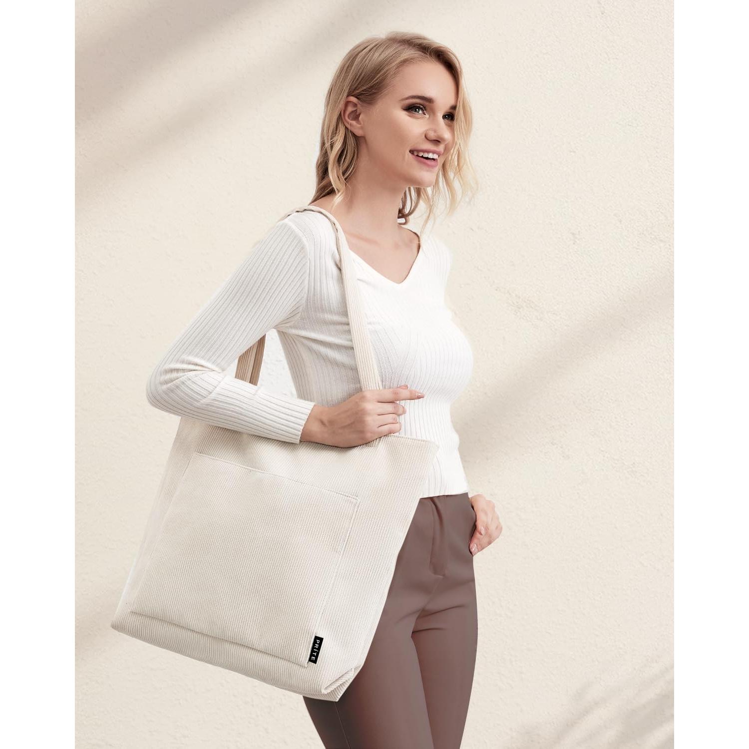 Bolsa Tote Prite Beige 45x40x11 cm con Cremallera y Bolsillos