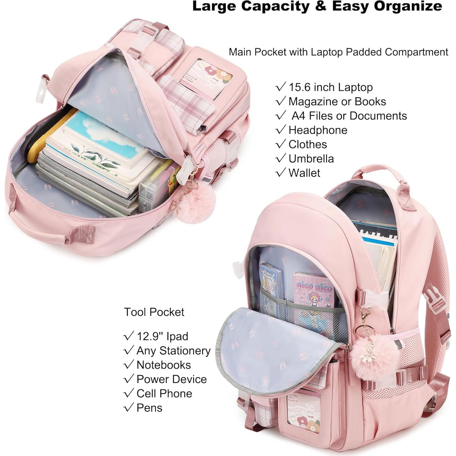 Mochila Escolar Grande para Niñas Rosa - Laptop 15.6"