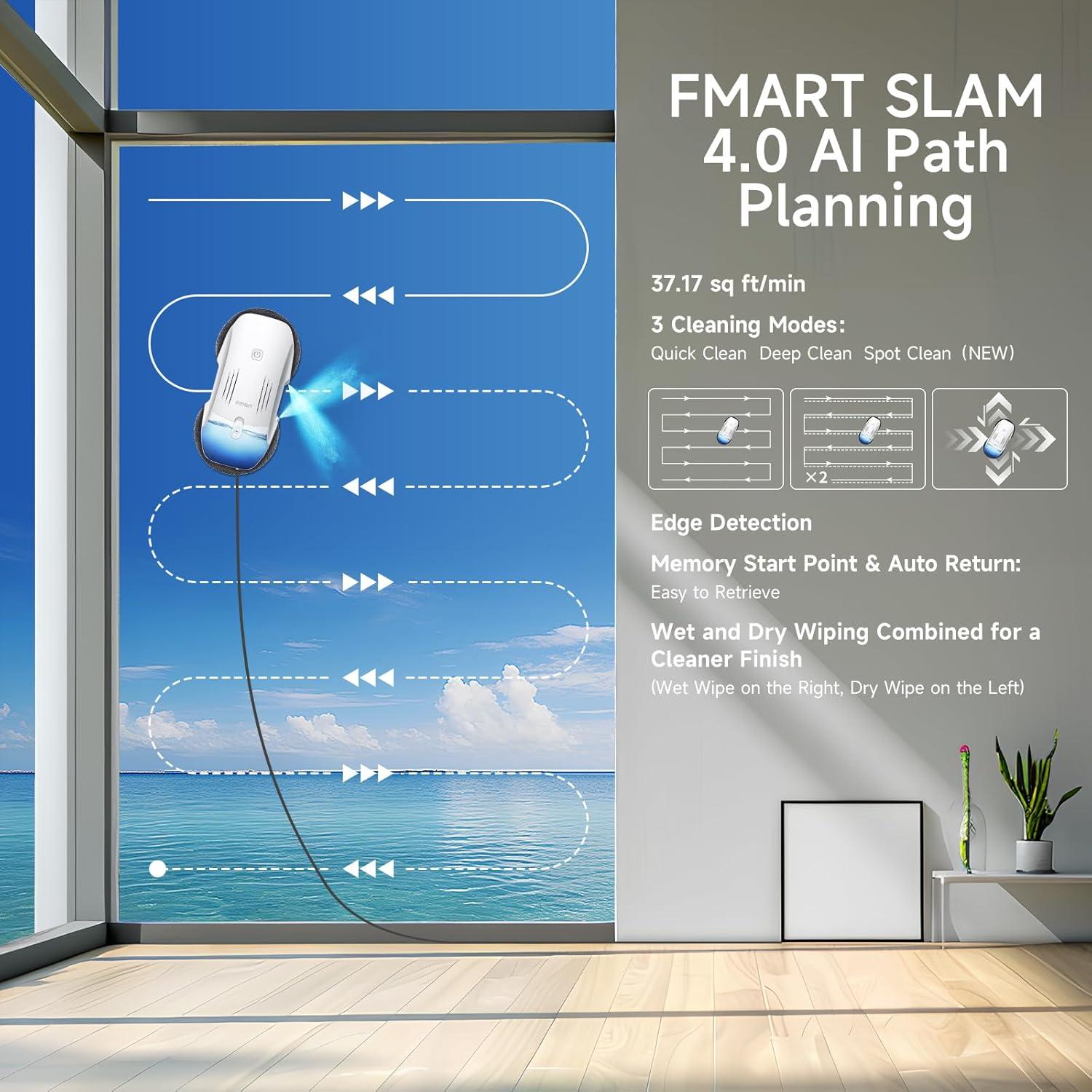 FMART T10PRO Window Cleaning Robot with Dual-Spray, 120ml Water Tank, 3800PA, AI Intelligent Path Planning, Edge Detection, APP Control Window Cleaner Robot for Interior/Exterior Highrise Windows