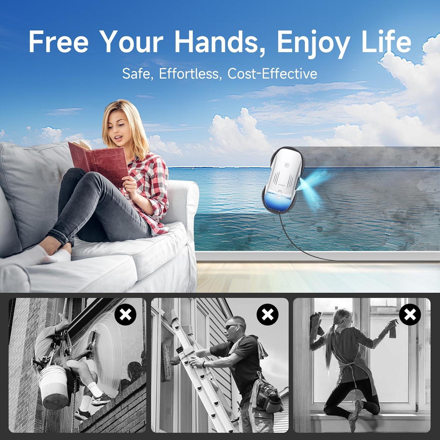 FMART T10PRO Window Cleaning Robot with Dual-Spray, 120ml Water Tank, 3800PA, AI Intelligent Path Planning, Edge Detection, APP Control Window Cleaner Robot for Interior/Exterior Highrise Windows