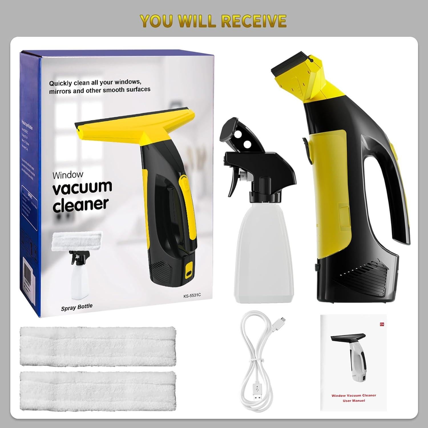 Window Vacuum Squeegee Cordless, Window Vac with Detachable Water Tank and Strong Suction, Electric Window Cleaning Tool for Shower Wall, Mirror, Glass, Car Windshield, Countertop, Tiles