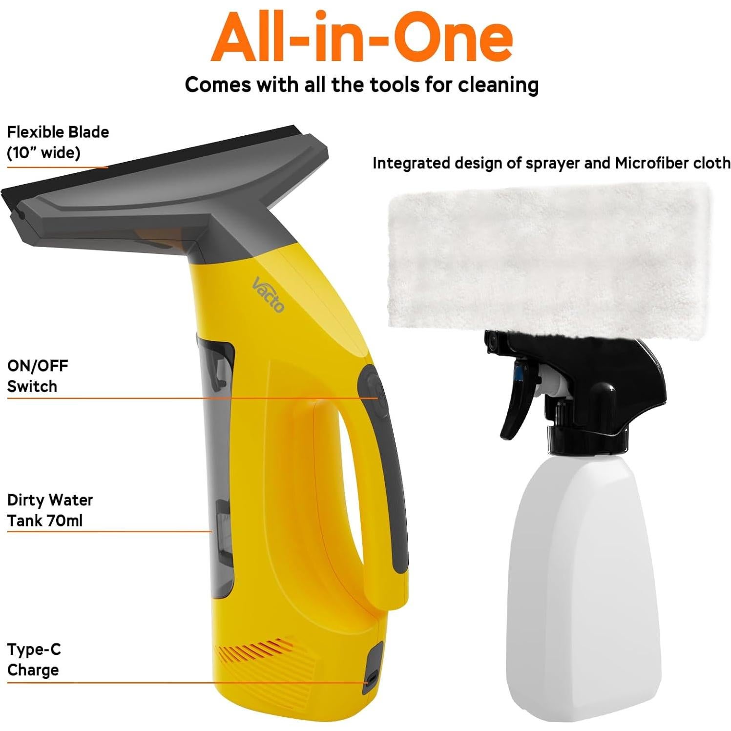All-in-One Electric Window Vacuum Squeegee Set, Streak-Free Cordless Window Cleaner Tool with Extra Sprayer, Glass Cleaner Tool for Windows, Mirrors & Smooth Surfaces