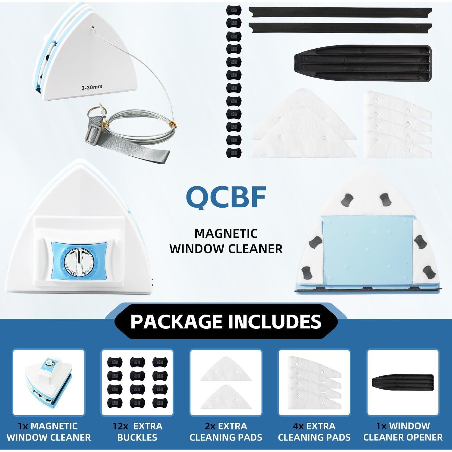 Limpiador de Ventanas Magnético Doble Cara QCBF 3-30mm Azul