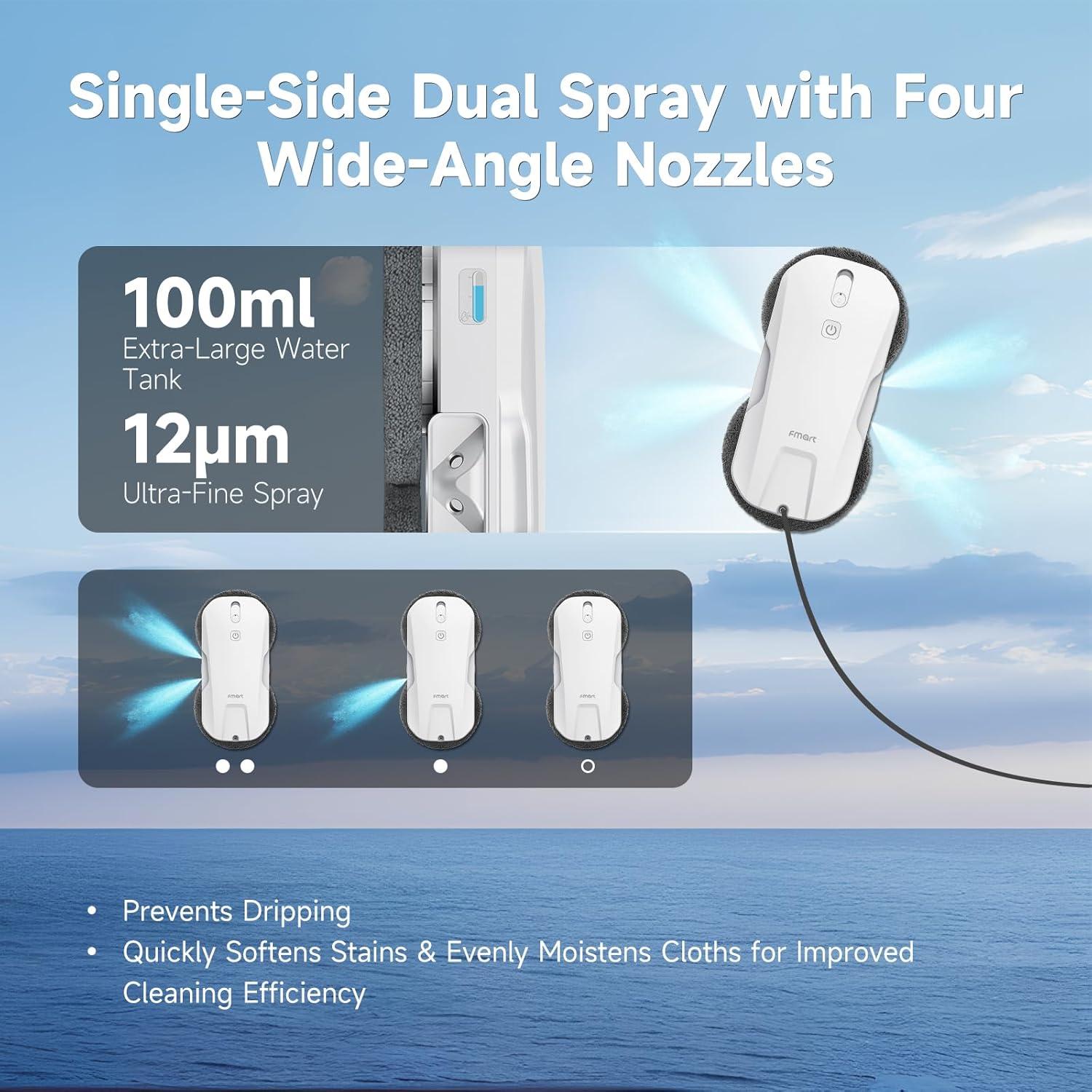 FMART T11 Window Cleaning Robot, Auto 4-Way Water Spray, 5300Pa Strong Suction, High-Speed Cleaning, <60dB Ultra-Quiet, 60mm Slim Window Robot, Smart Navigation, Anti-Drop & 50min UPS Protection