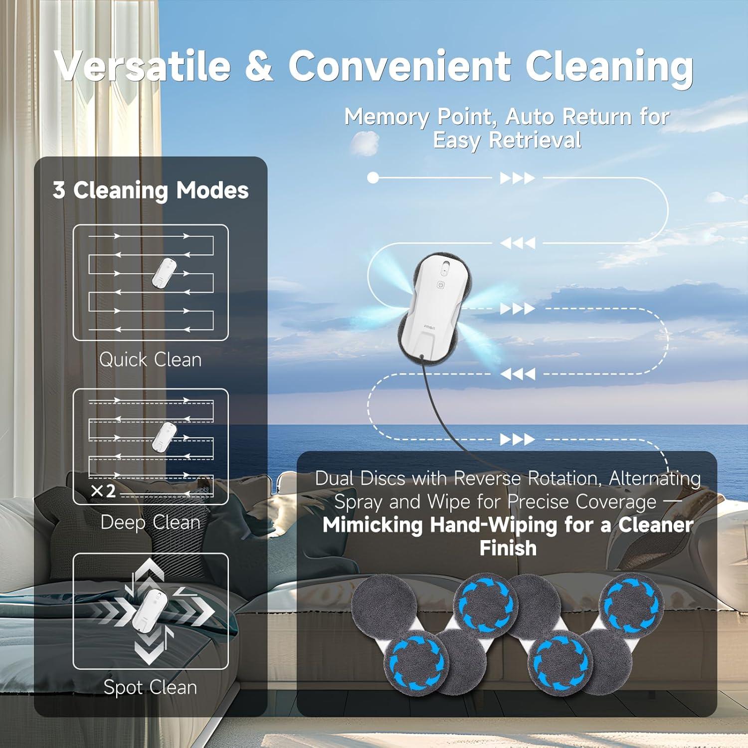 FMART T11 Window Cleaning Robot, Auto 4-Way Water Spray, 5300Pa Strong Suction, High-Speed Cleaning, <60dB Ultra-Quiet, 60mm Slim Window Robot, Smart Navigation, Anti-Drop & 50min UPS Protection