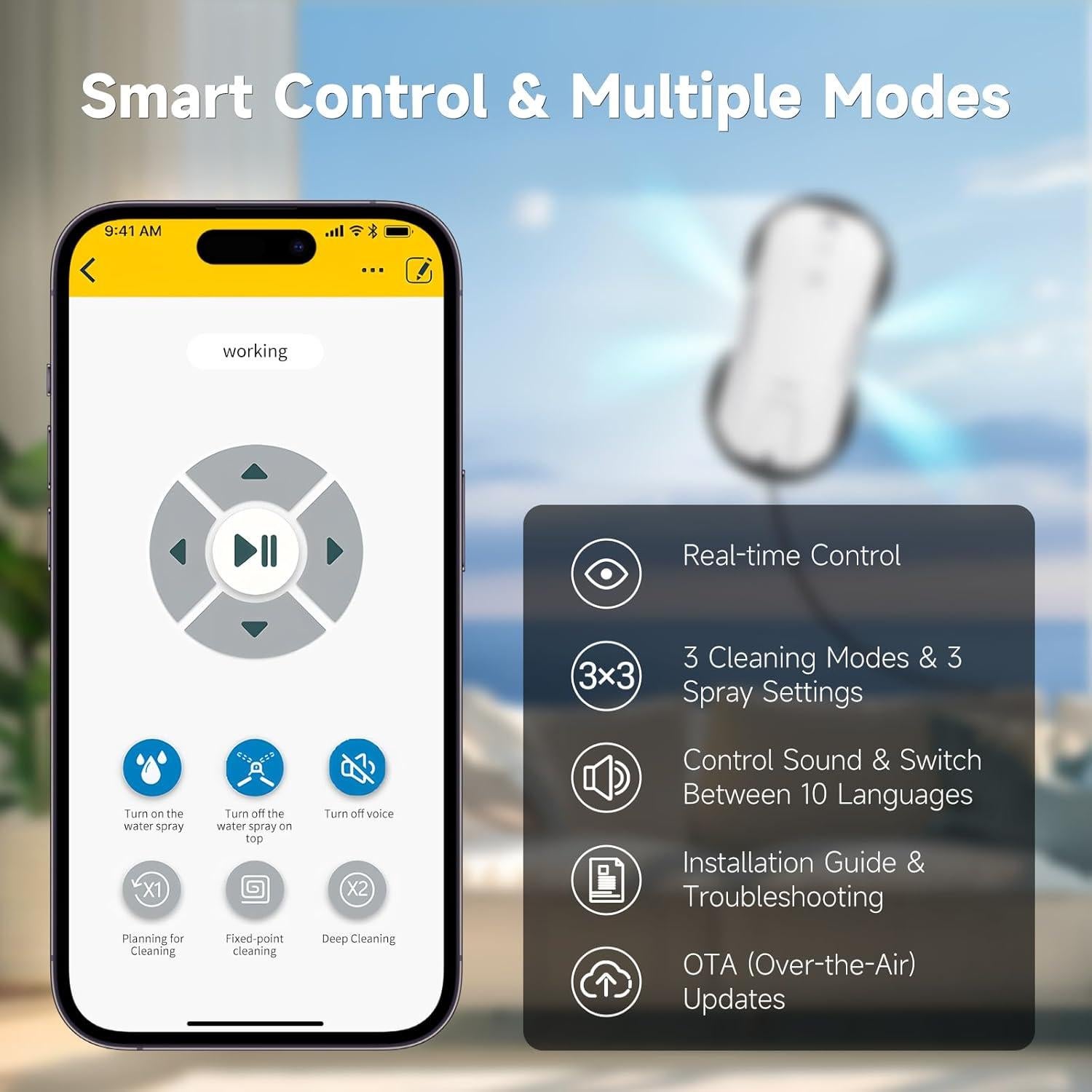 FMART T11 Window Cleaning Robot, Auto 4-Way Water Spray, 5300Pa Strong Suction, High-Speed Cleaning, <60dB Ultra-Quiet, 60mm Slim Window Robot, Smart Navigation, Anti-Drop & 50min UPS Protection