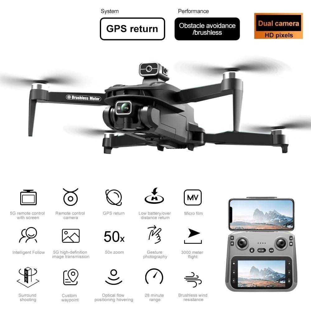 GPS Drone with 4K Camera, 4.5" LCD Display - 3280ft HD Image Transmission, 50x Zoom, Auto return, Follow Me, Go Home, Gesture Control, One Key Takeoff/Landing, Altitude Hold,led Light ，Professional Quadcopter for Aerial Photography Control and Video Recording, Beginner-Friendly FPV RC Quadcopter