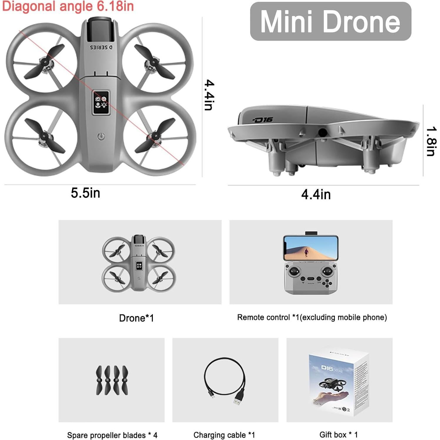Dron THOAML D16 con cámara HD 1080P, 2 baterías, negro