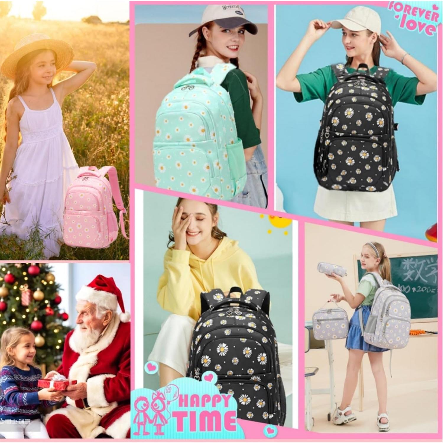 Mochila ZHANAO Daisy Verde 3 en 1 para Niñas Escolar