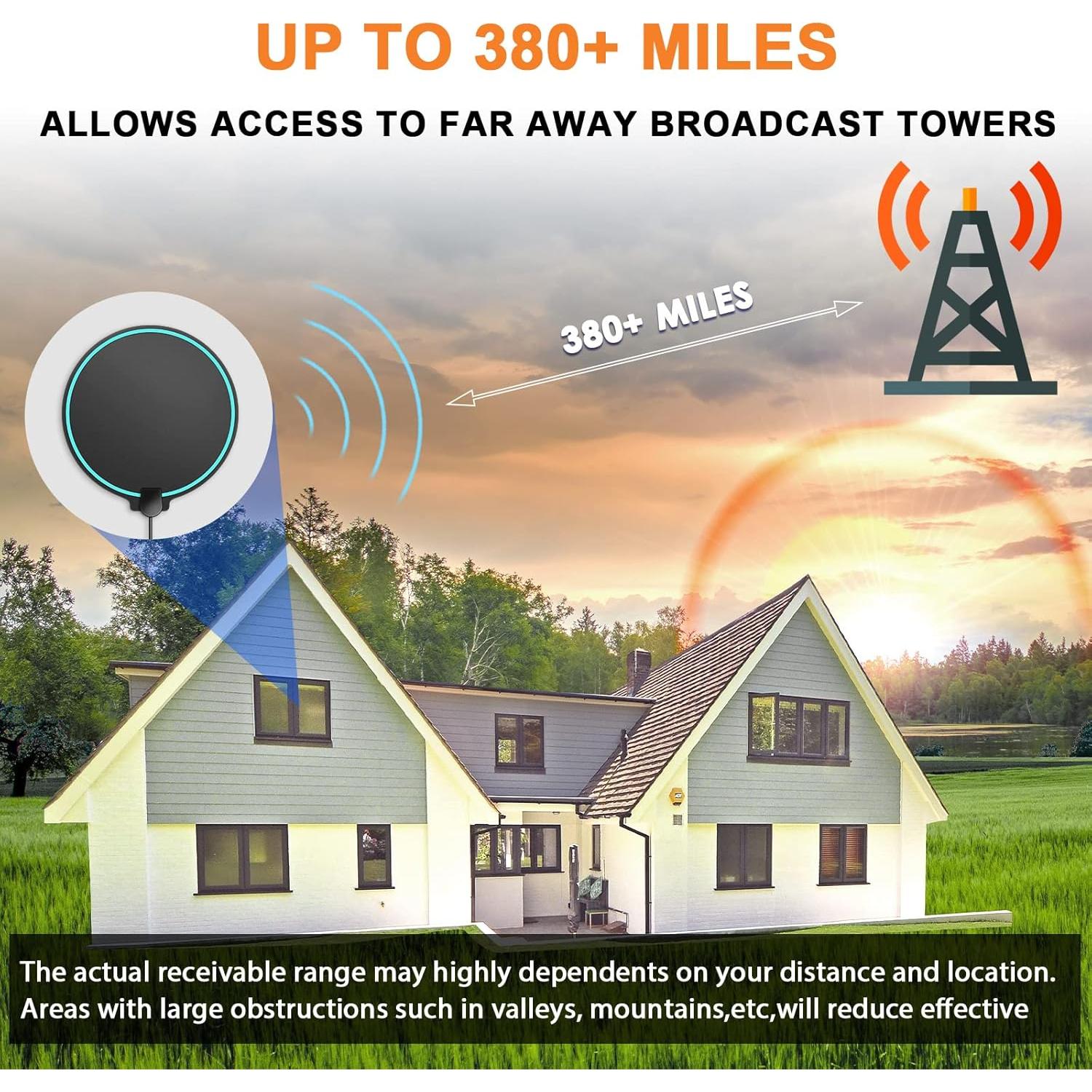 Antena HDTV Amplificada Lsnisni 380 Millas 4K 1080P con Cable 4.1m