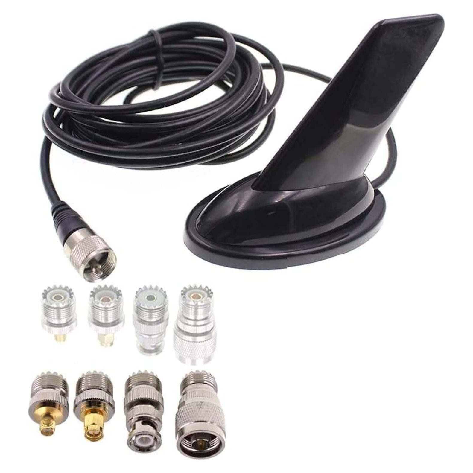 Antena Doble Banda Anysecu Estilo Aleta 136-470MHz con Adaptadores