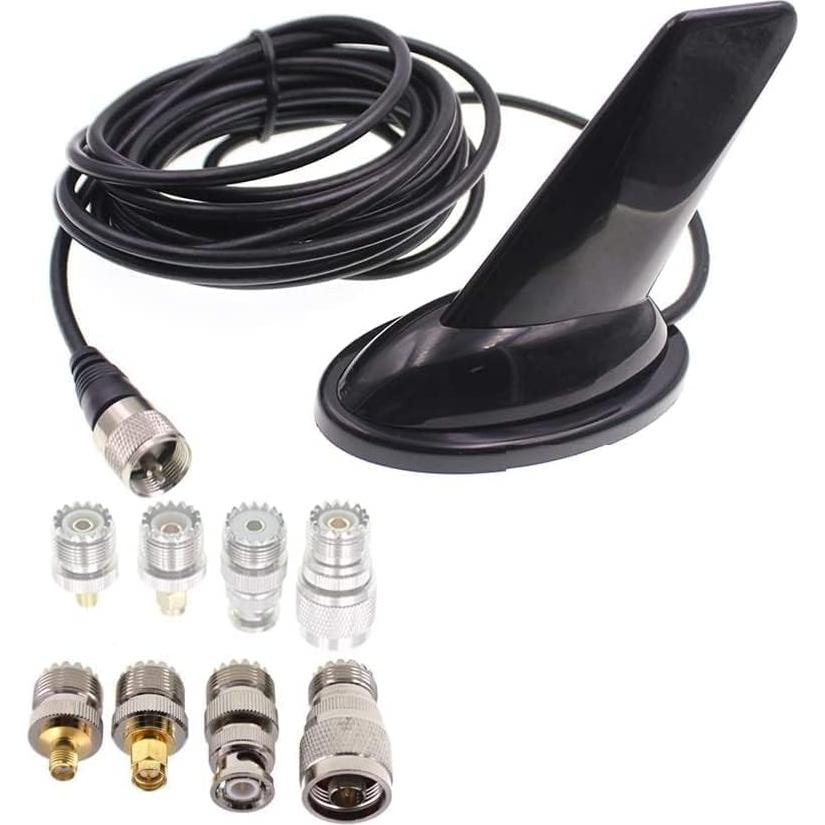 Antena Doble Banda Anysecu Estilo Aleta 136-470MHz con Adaptadores