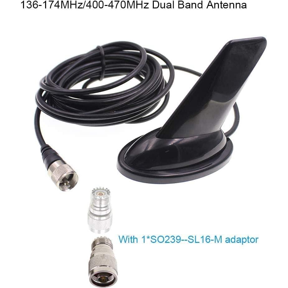 Antena Doble Banda Anysecu Estilo Aleta 136-470MHz con Adaptadores