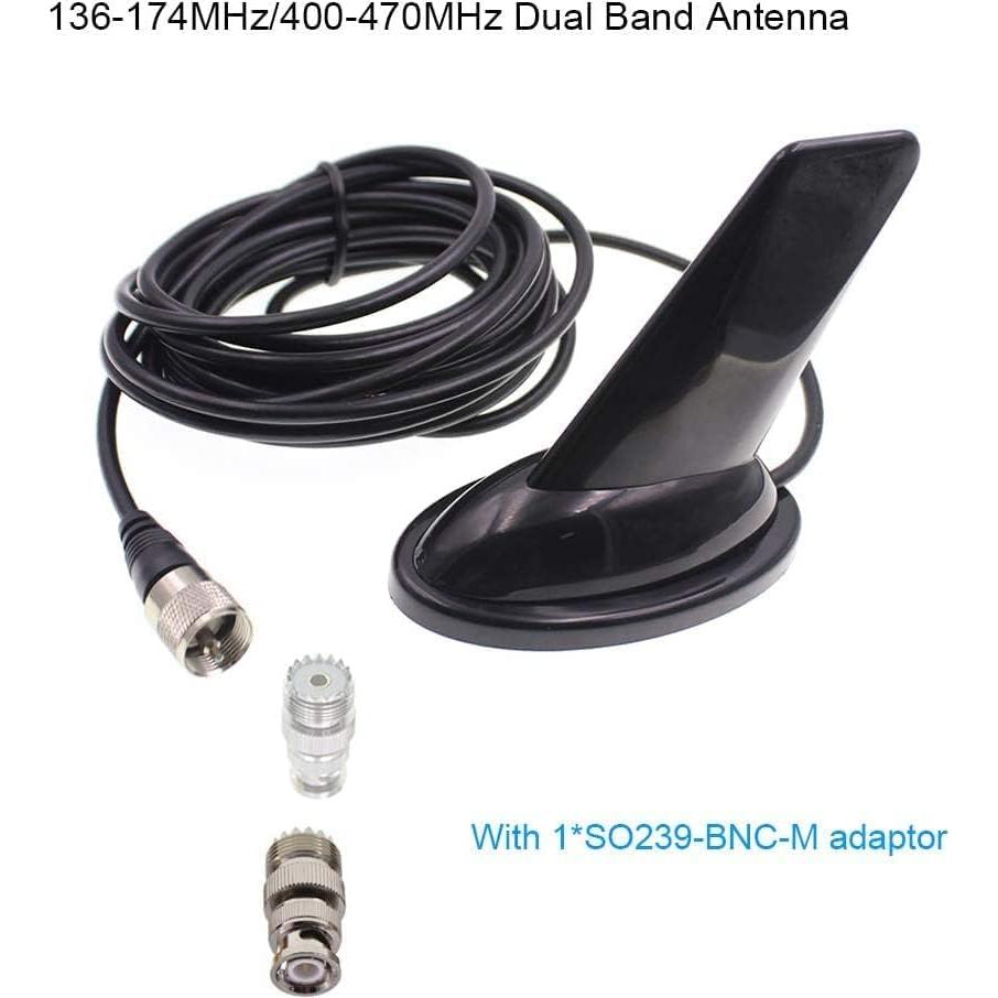 Antena Doble Banda Anysecu Estilo Aleta 136-470MHz con Adaptadores