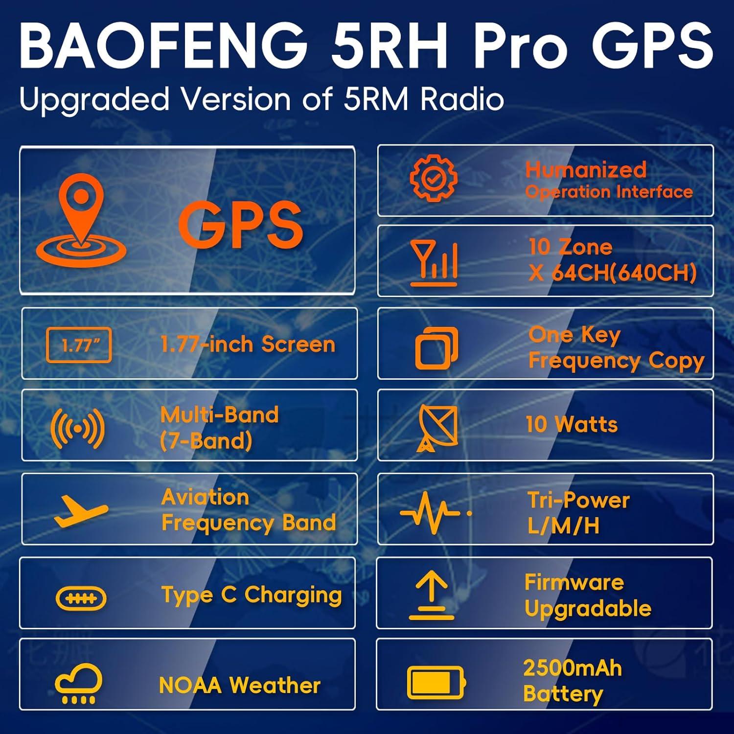 Radio BAOFENG 5RH Pro GPS 10W VHF UHF 8 Bandas Portátil
