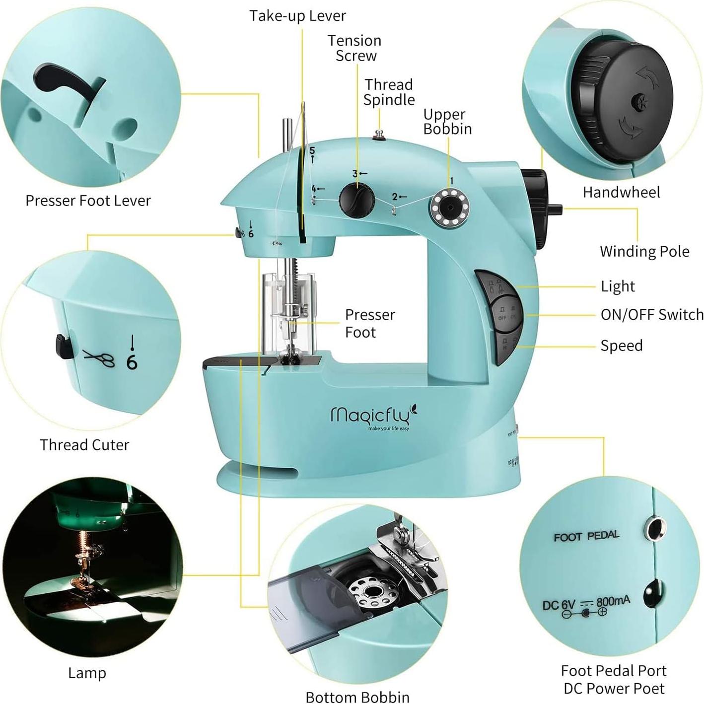 Máquina de Coser Portátil Magicfly Mini Doble Velocidad Azul