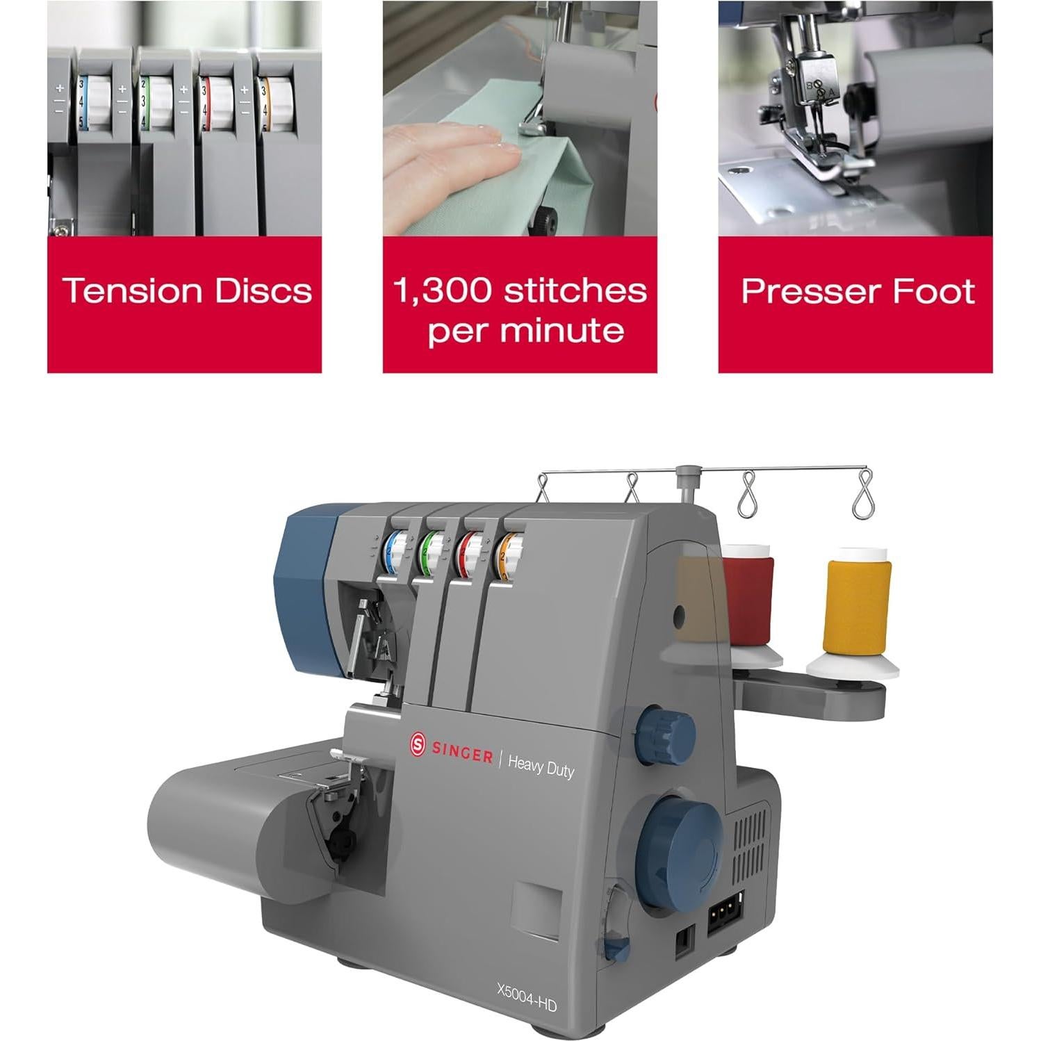 X5004-HD Metal Frame Serger & Overlock Machine | 2-3-4 Stitch Capability, 8 Built-In Stitches, 1300 Stitches per minute, Adjustable Differential Feed & 2 LED Lights (Grey/Blue)