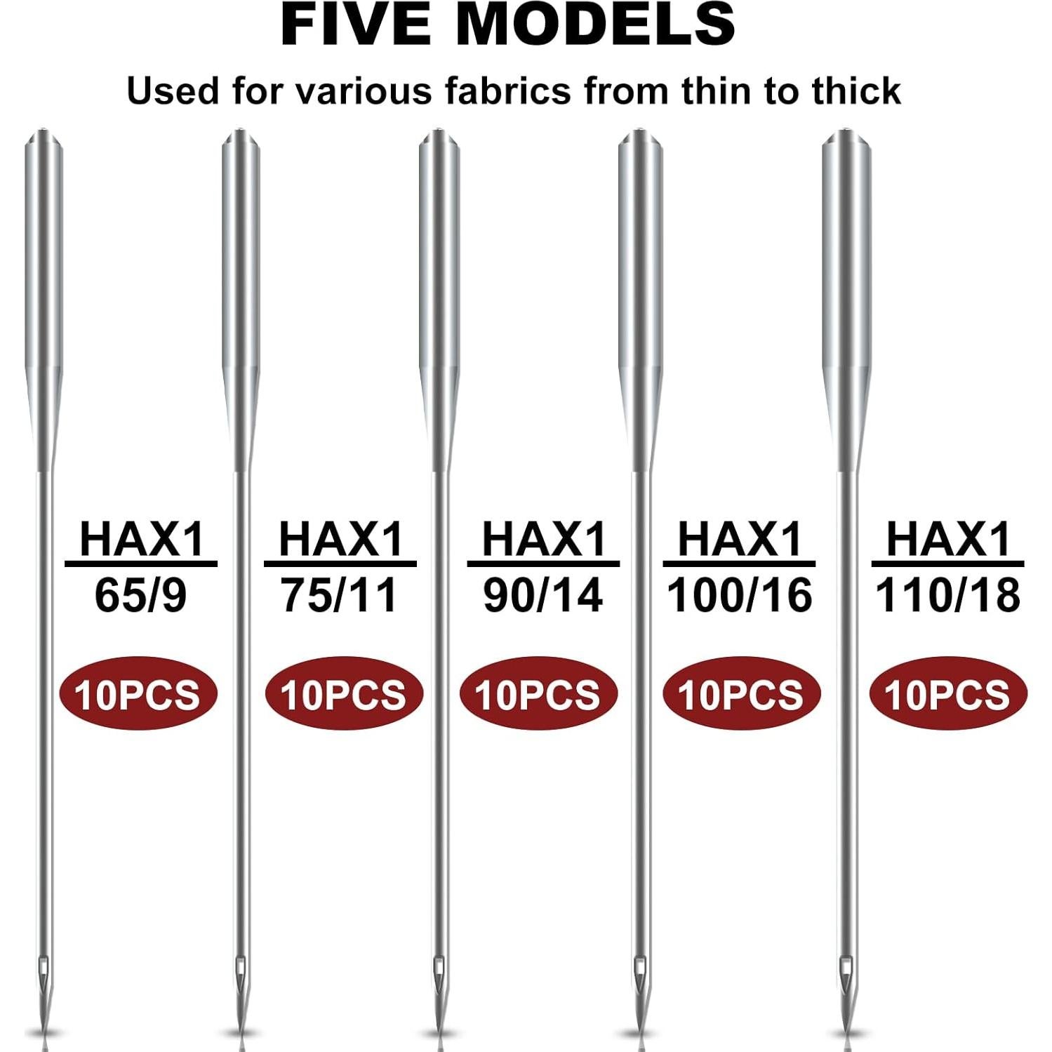 Sewing Machine Needles, Universal Sewing Machine Needle, ONEHERE Compatible with Singer, Brother, Janome, Varmax, Sizes HAX1 65/9, 75/11, 90/14, 100/16, 110/18 (50 PCS)