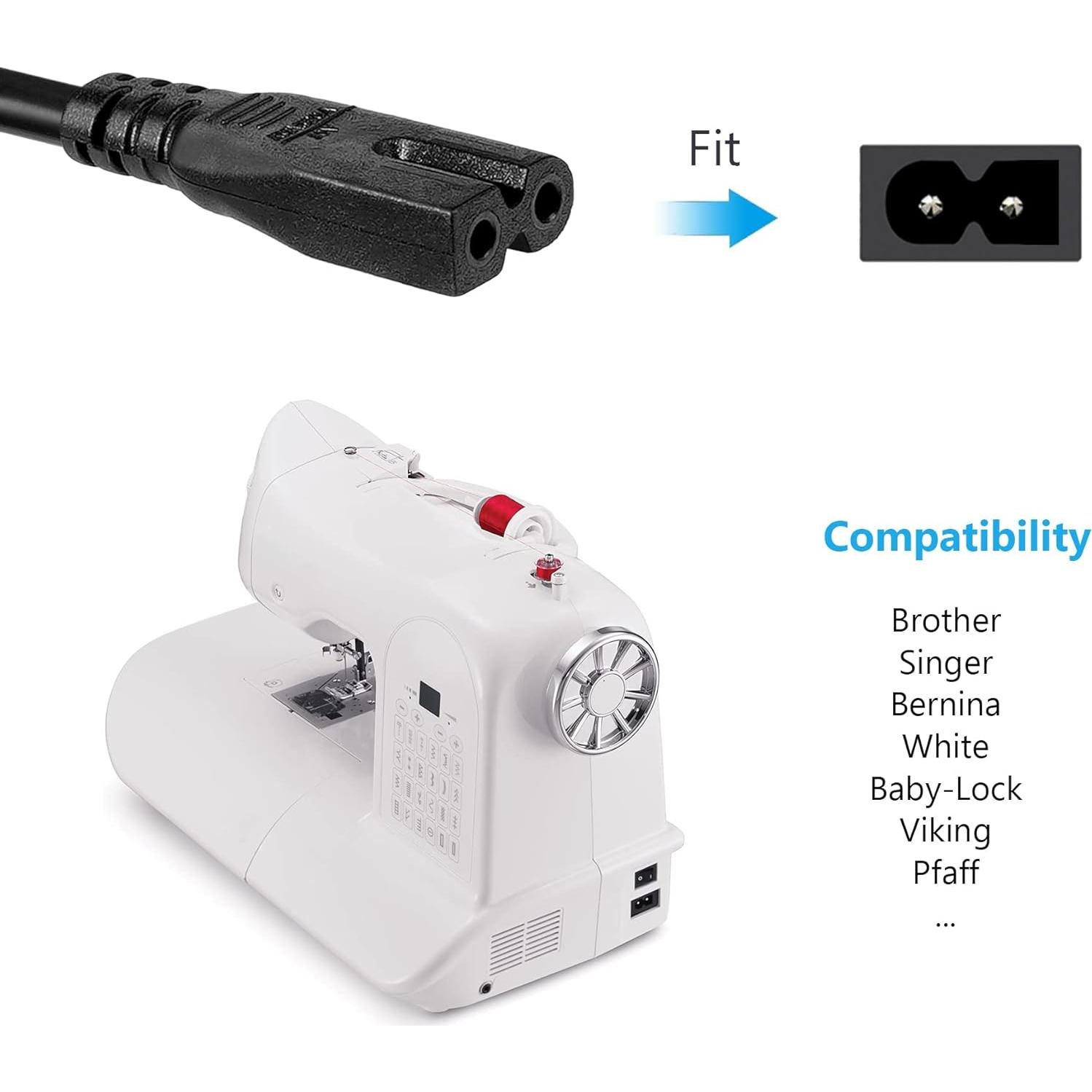 Cable de Alimentación AC 1.83m para Máquinas de Coser Brother, Singer, Bernina