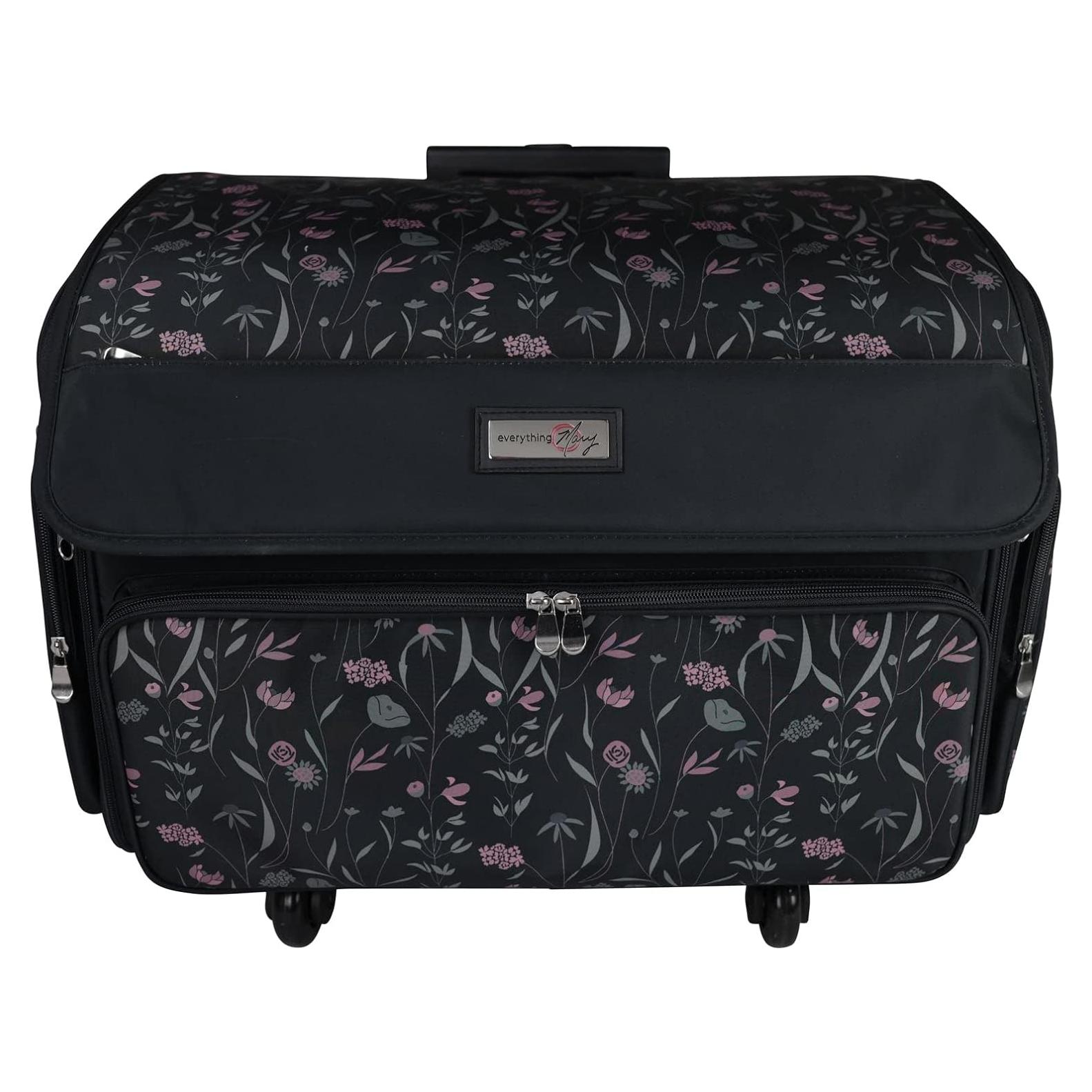 4 Wheels Collapsible Deluxe Sewing Machine Storage Case, Black - Rolling Trolley Carrying Bag for Brother, Singer